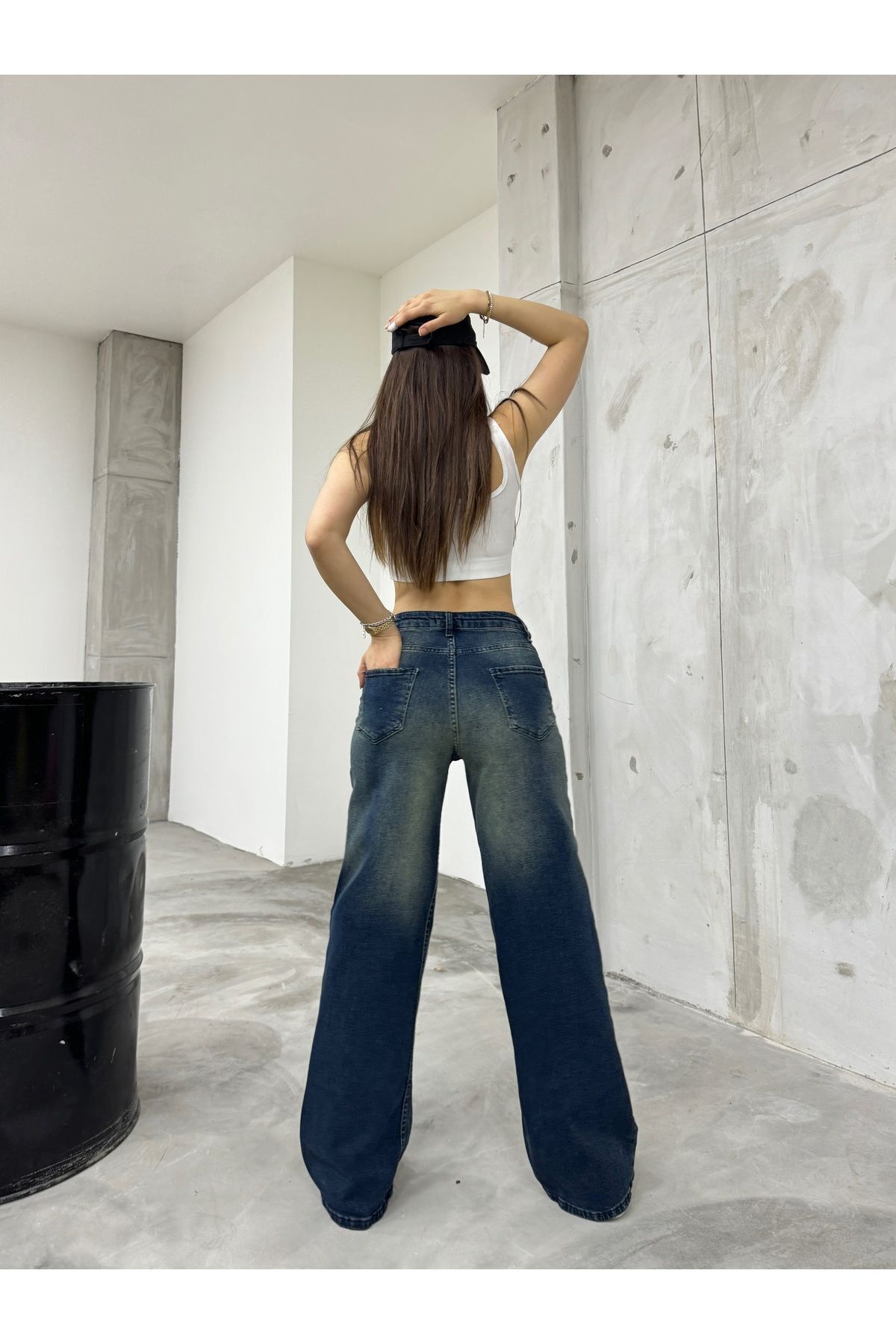 Kadın Bol Kesim Soluk Efekt Straight Fit Baggy Jean Lacivert 4