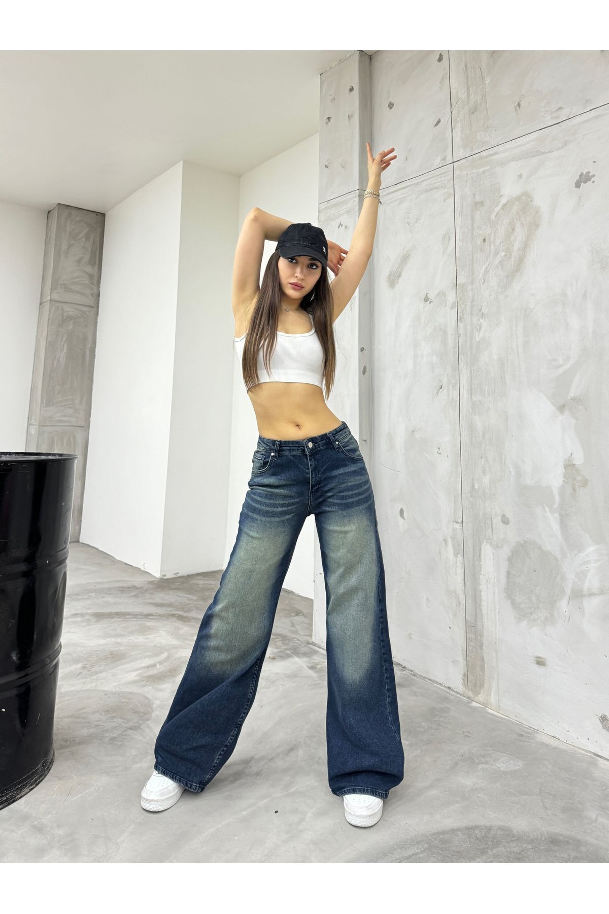 Kadın Bol Kesim Soluk Efekt Straight Fit Baggy Jean Lacivert 6