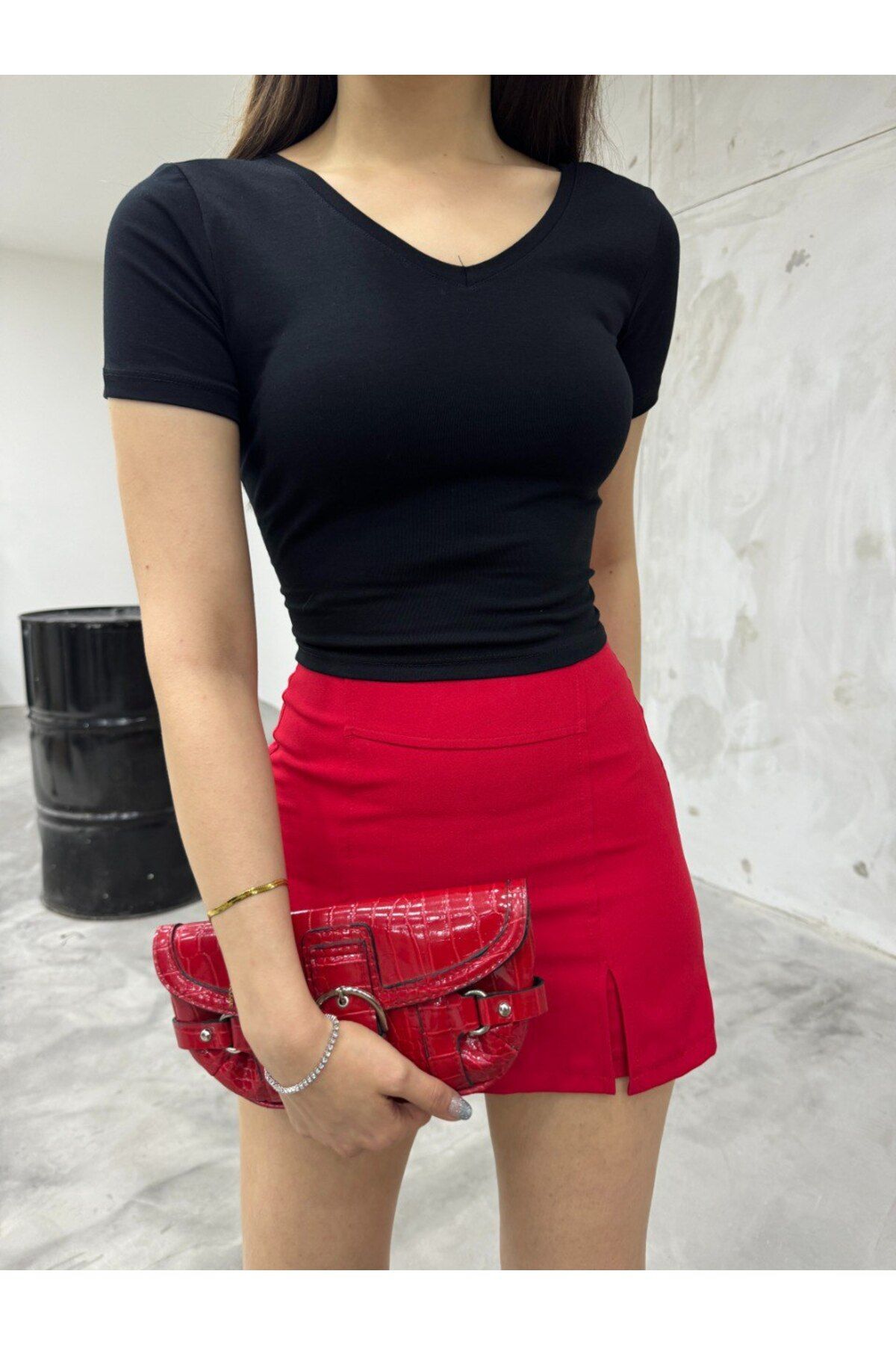 Kadın V Yaka Kısa Kollu Fitted/vücuda Oturan Bluz Body Siyah 5