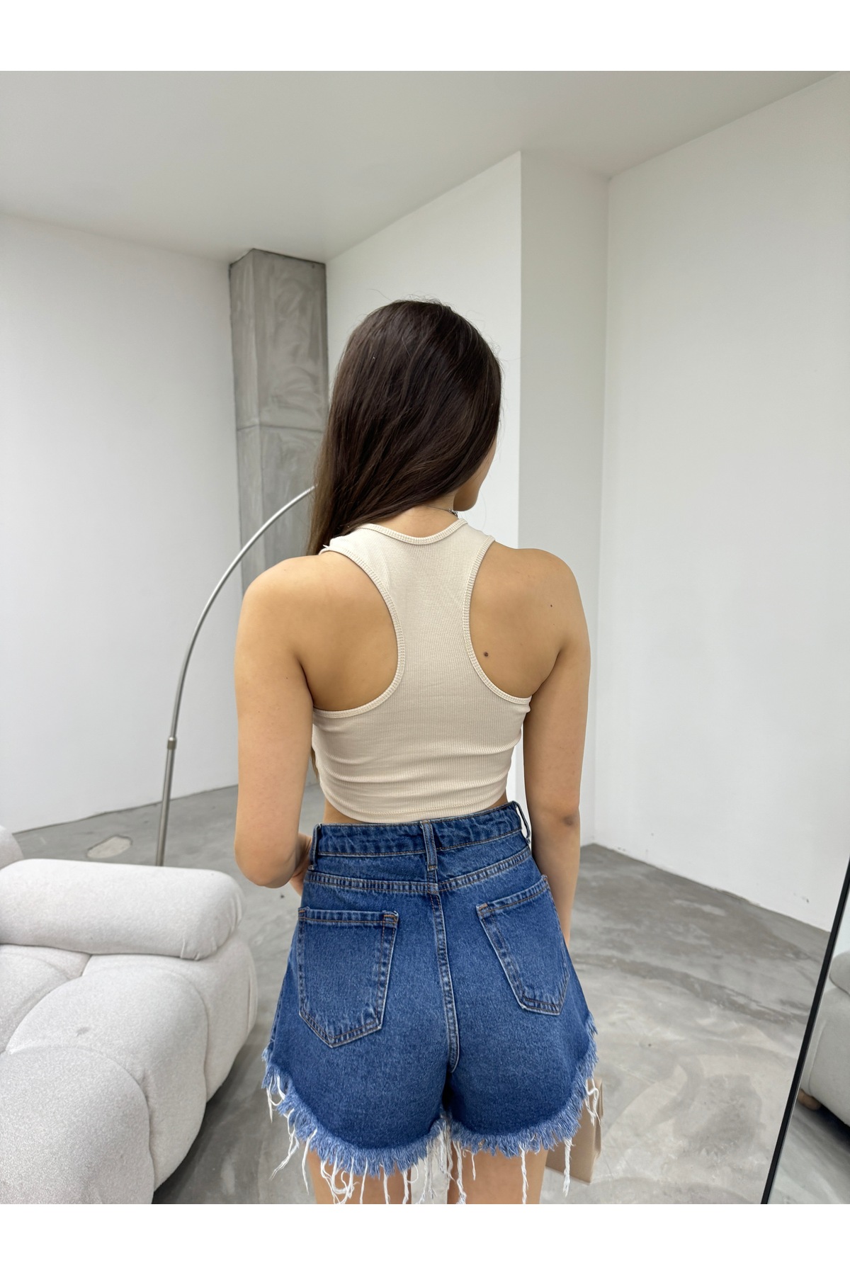 Kadın Oval Yaka Pamuklu fitilli Kaşkorse Crop Atlet Bej 3