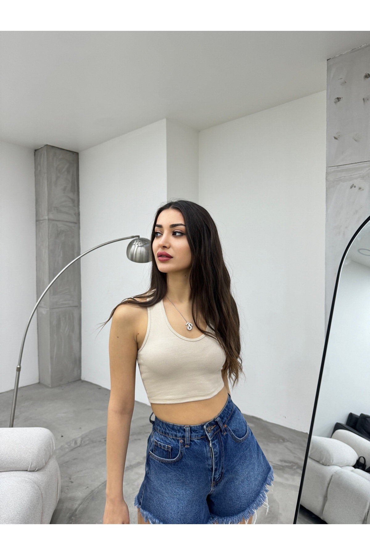 Kadın Oval Yaka Pamuklu fitilli Kaşkorse Crop Atlet Bej 5