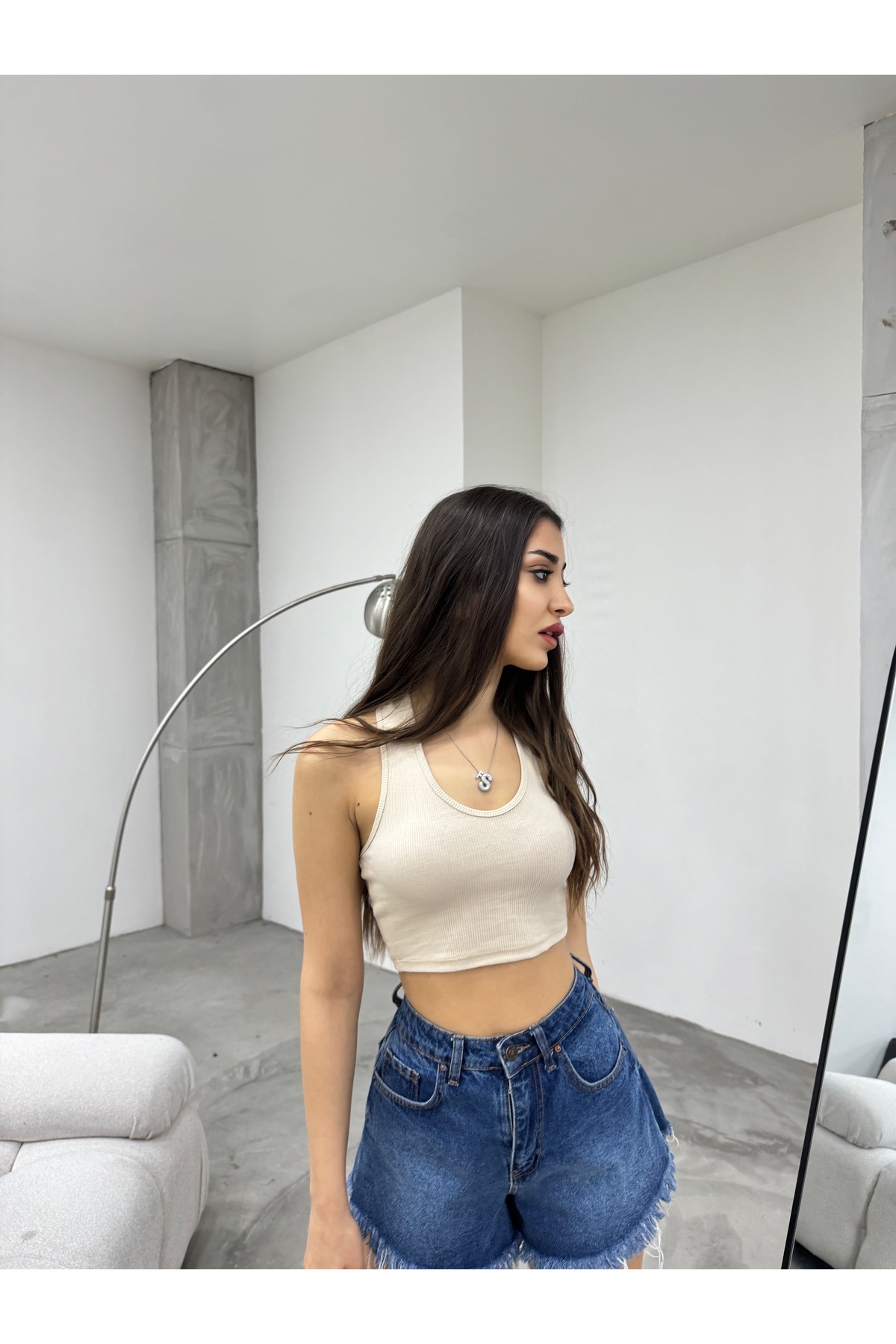 Kadın Oval Yaka Pamuklu fitilli Kaşkorse Crop Atlet Bej 7