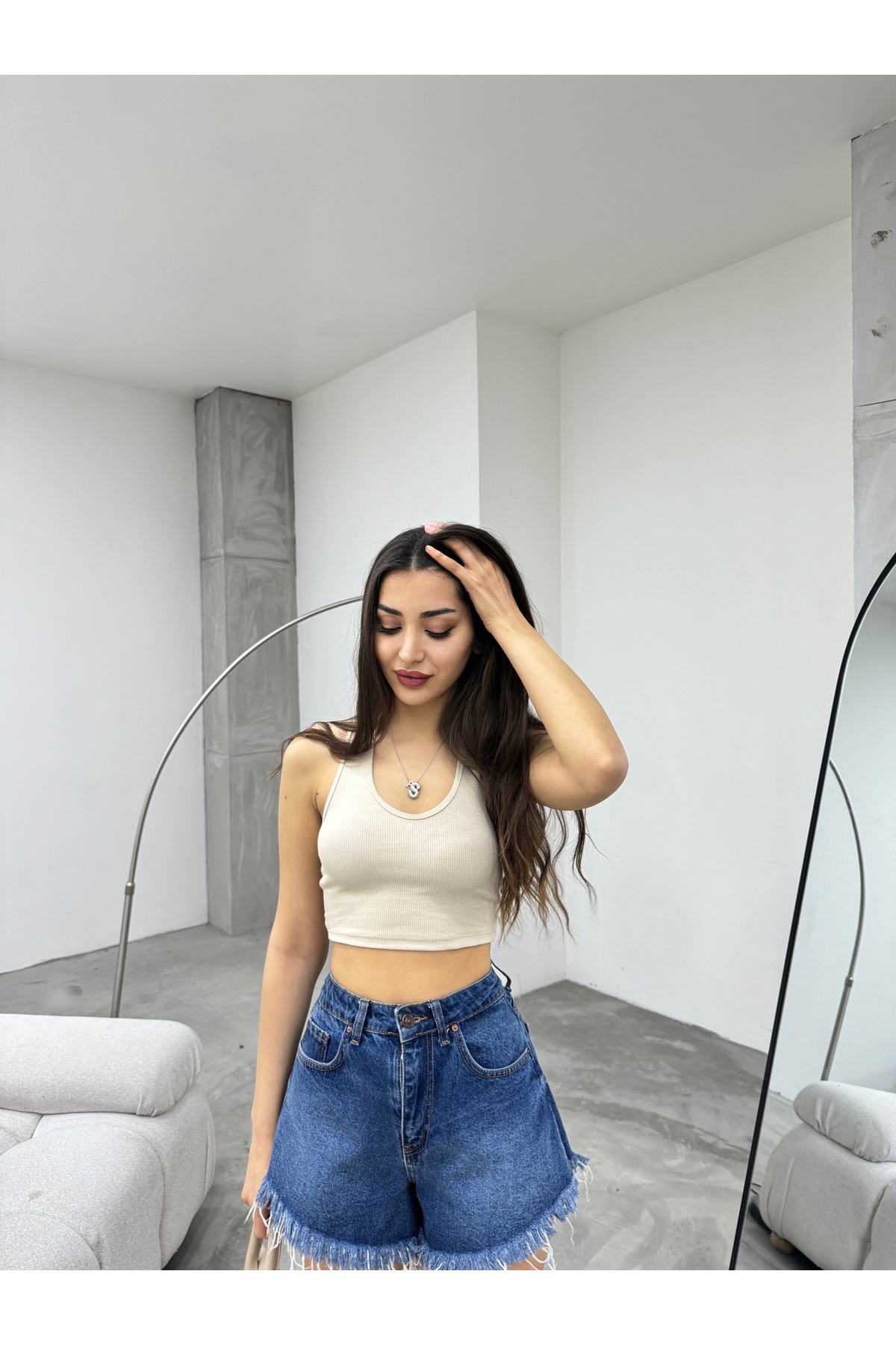 Kadın Oval Yaka Pamuklu fitilli Kaşkorse Crop Atlet Bej 6