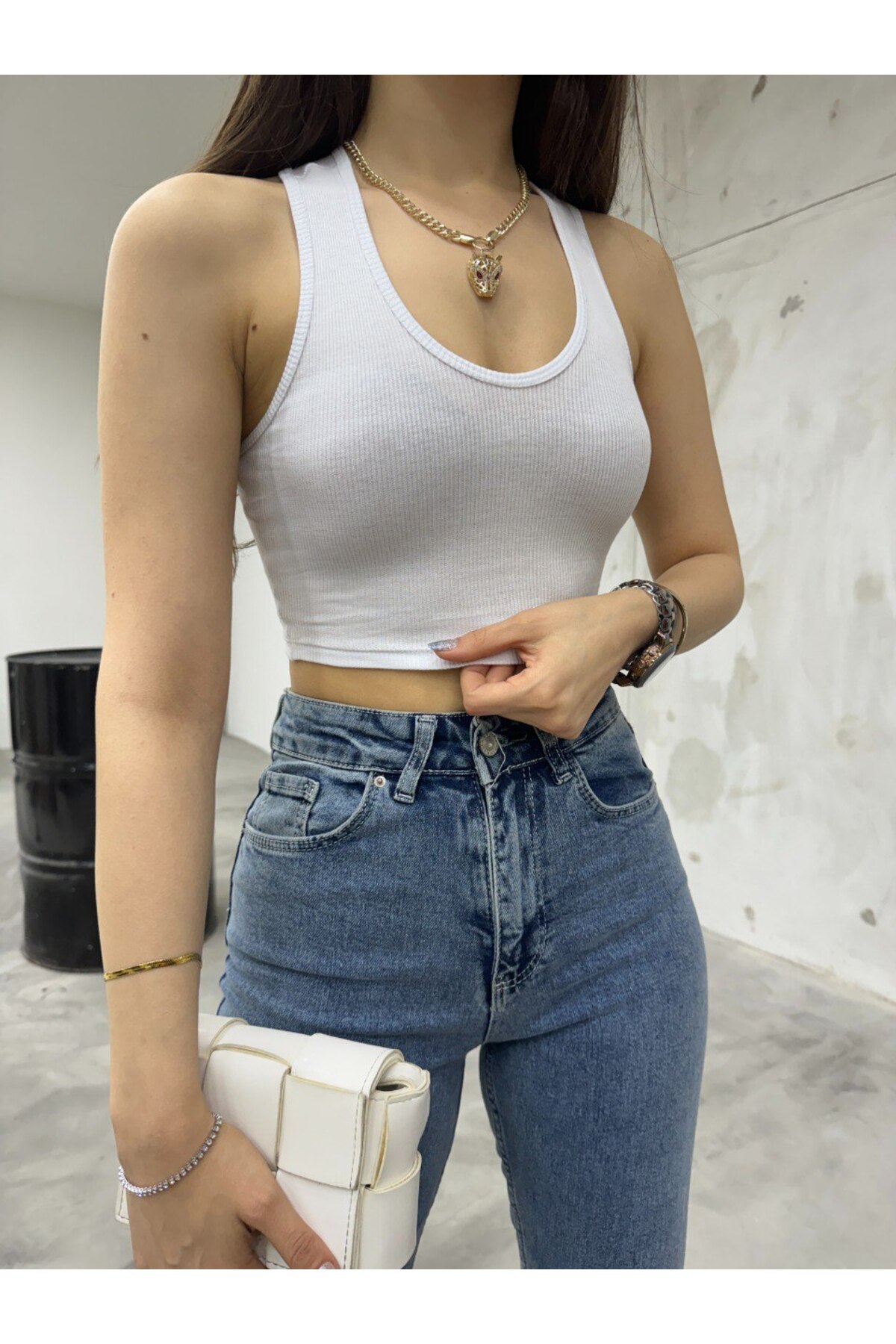 Kadın Oval Yaka Pamuklu fitilli Kaşkorse Crop Atlet Beyaz 5