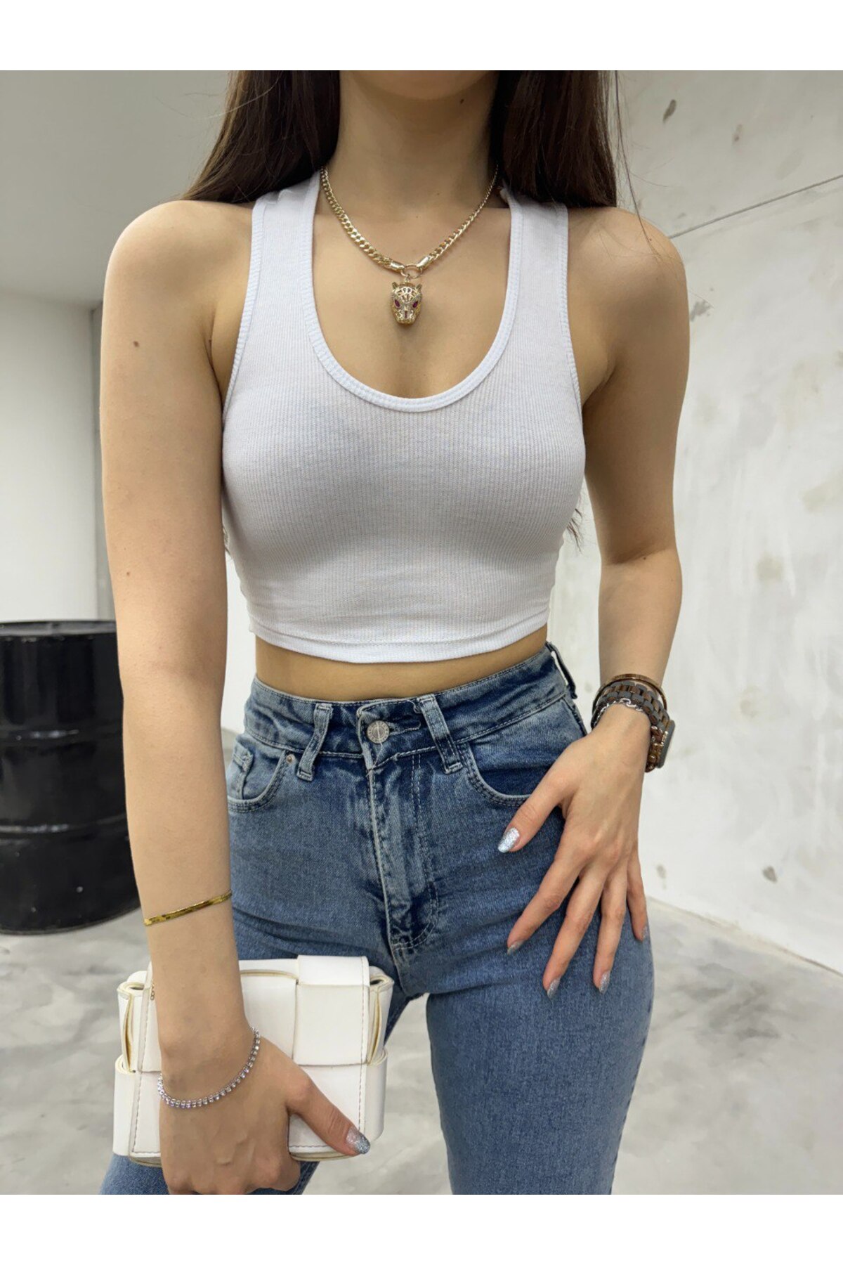 Kadın Oval Yaka Pamuklu fitilli Kaşkorse Crop Atlet Beyaz 6
