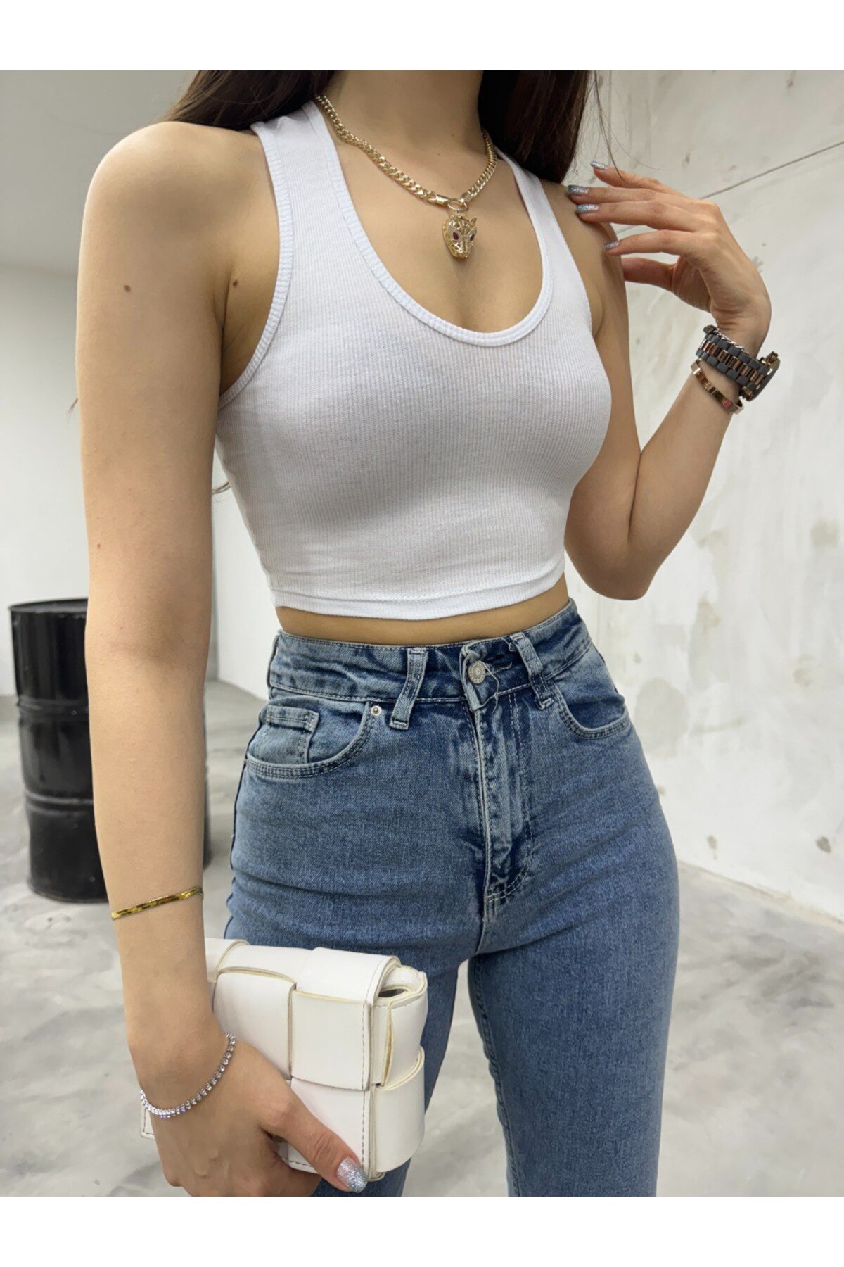 Kadın Oval Yaka Pamuklu fitilli Kaşkorse Crop Atlet Beyaz 4