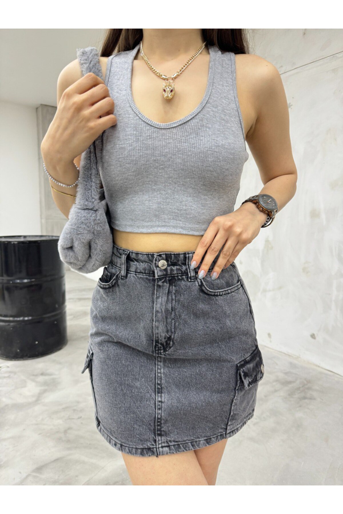 Kadın Oval Yaka Pamuklu fitilli Kaşkorse Crop Atlet Gri 6