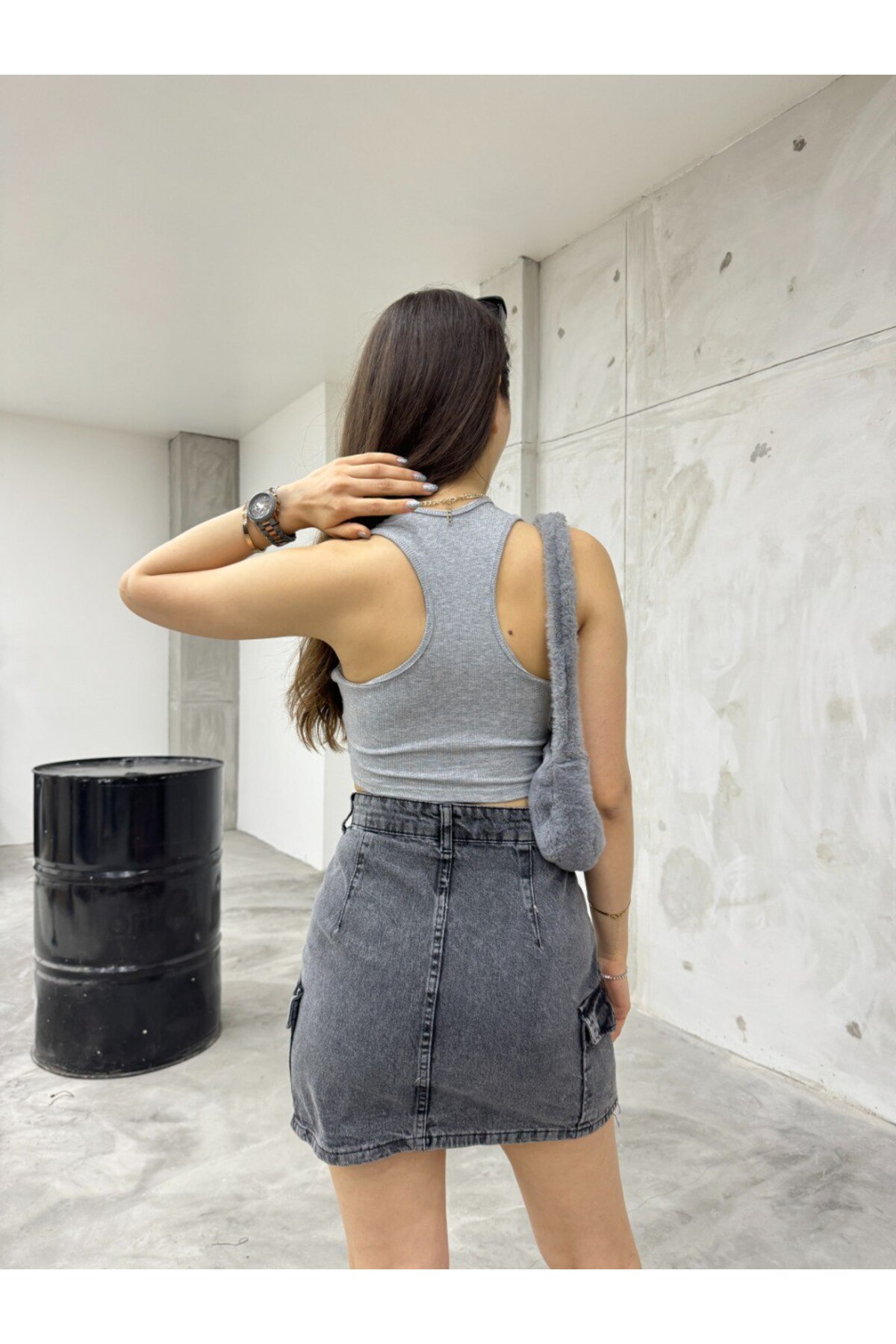 Kadın Oval Yaka Pamuklu fitilli Kaşkorse Crop Atlet Gri 3