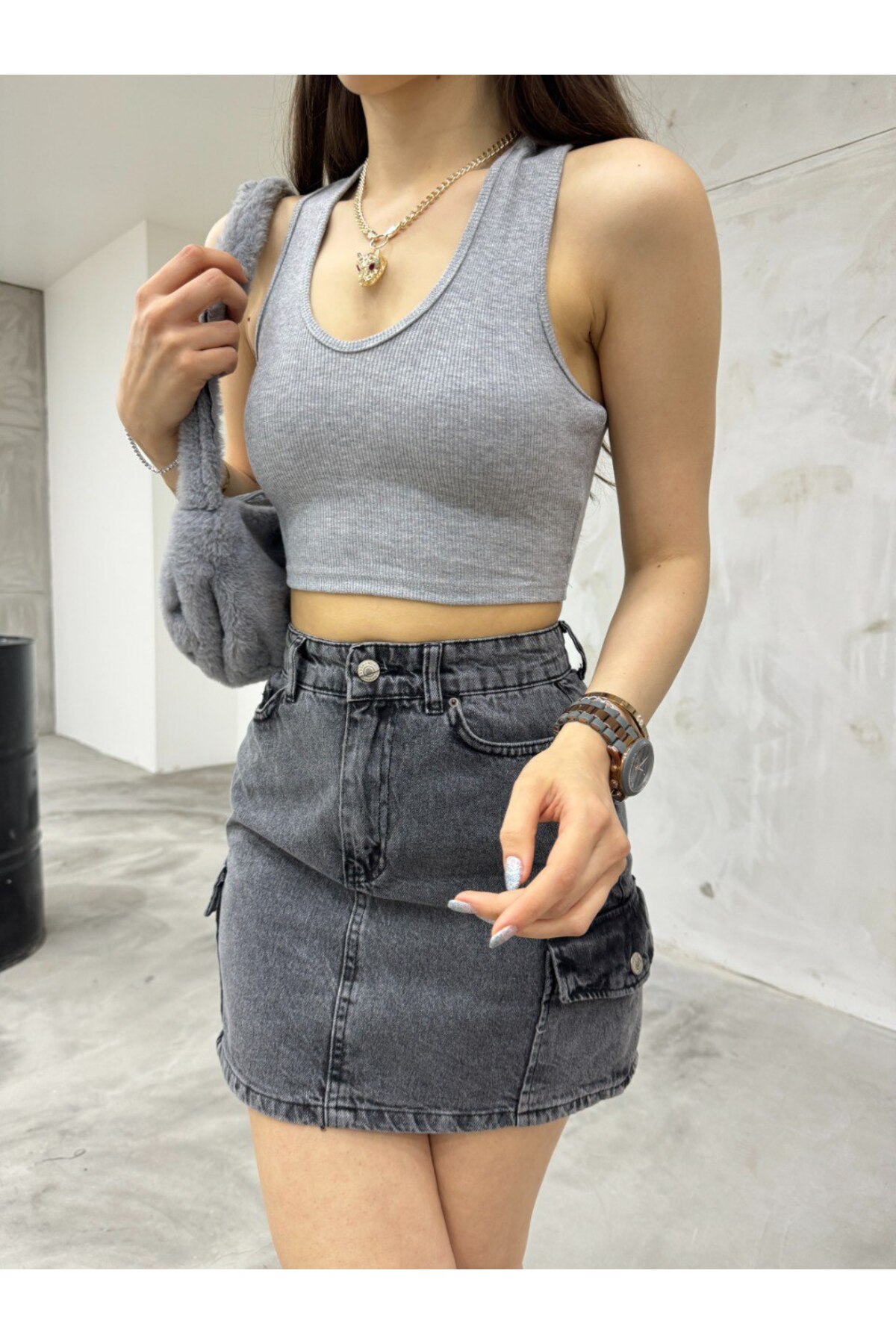 Kadın Oval Yaka Pamuklu fitilli Kaşkorse Crop Atlet Gri 5