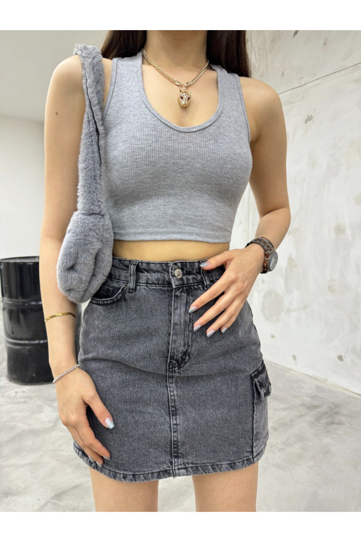 Kadın Oval Yaka Pamuklu fitilli Kaşkorse Crop Atlet Gri 4