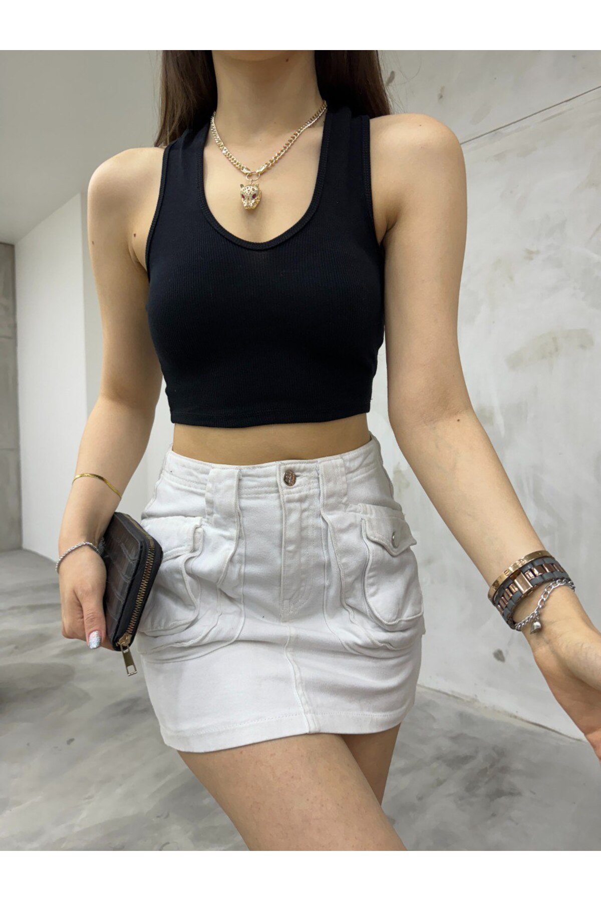 Kadın Oval Yaka Pamuklu fitilli Kaşkorse Crop Atlet Siyah 7