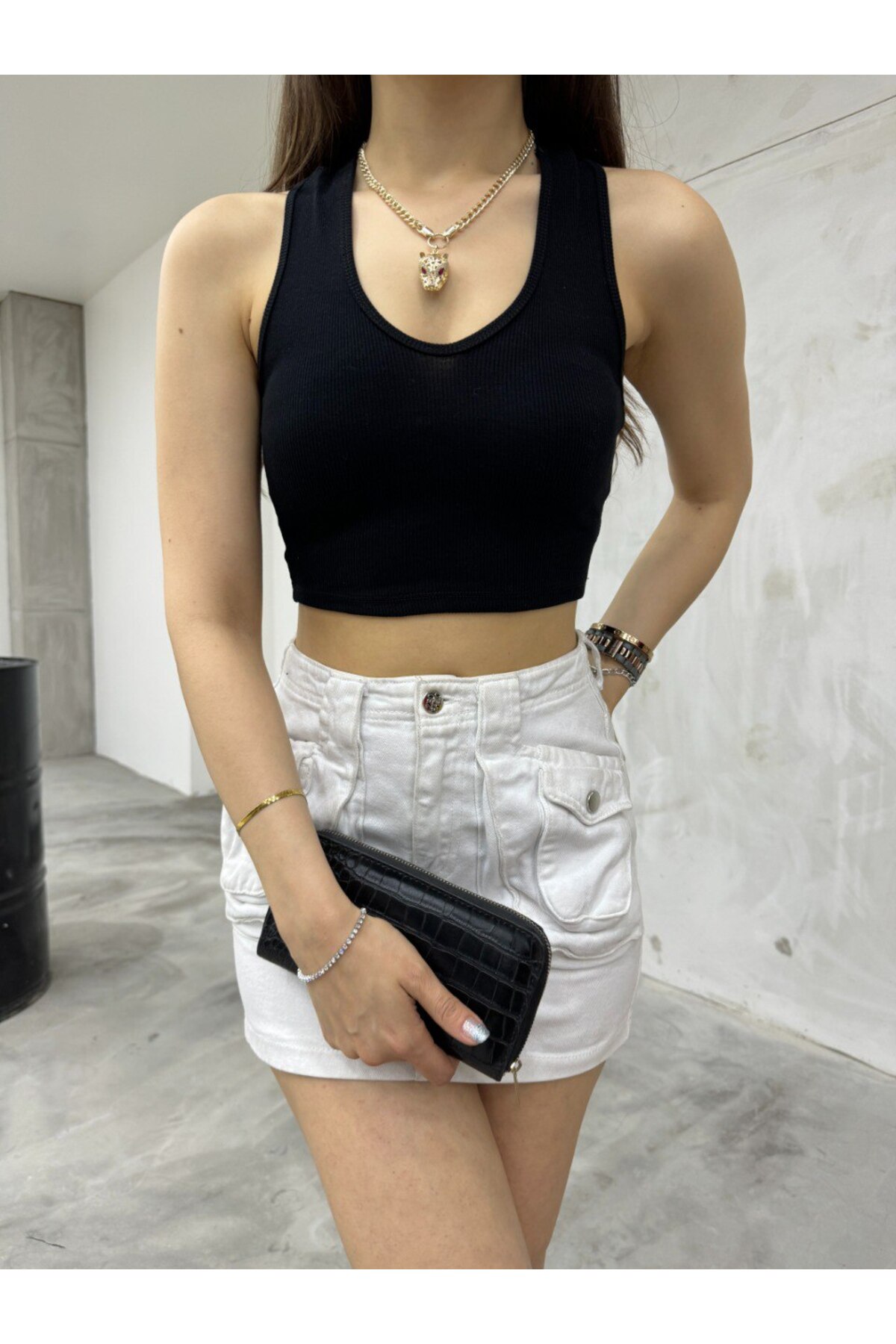 Kadın Oval Yaka Pamuklu fitilli Kaşkorse Crop Atlet Siyah 6