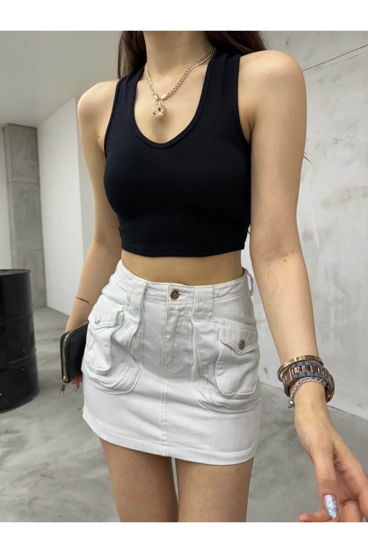 Kadın Oval Yaka Pamuklu fitilli Kaşkorse Crop Atlet Siyah 4
