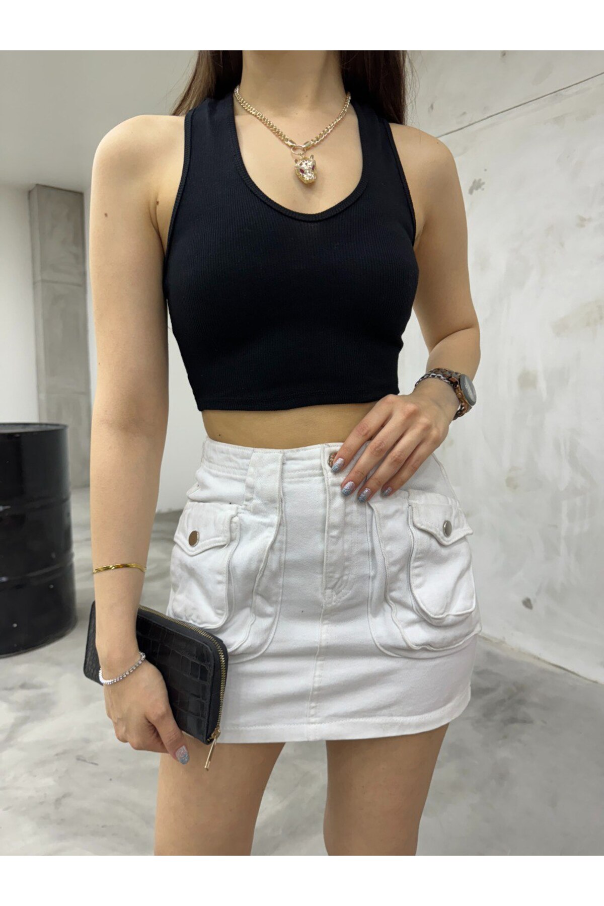 Kadın Oval Yaka Pamuklu fitilli Kaşkorse Crop Atlet Siyah 5
