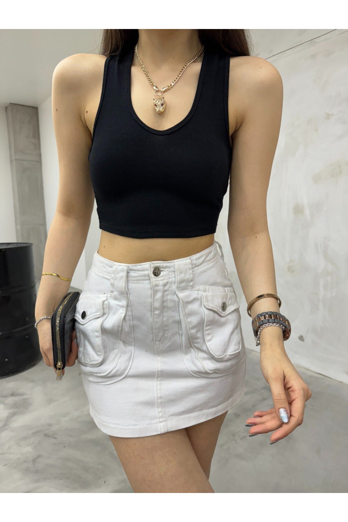 Kadın Oval Yaka Pamuklu fitilli Kaşkorse Crop Atlet Siyah 3