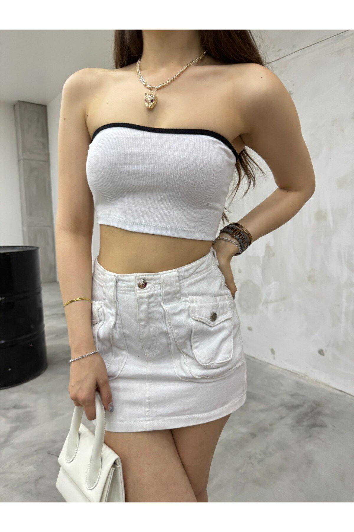Kadın Straplez Kaşkorse Fitilli Crop Büstiyer Beyaz 7
