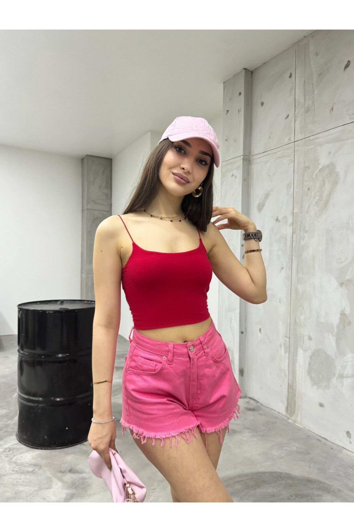 Kadın Lastik Ip Askılı Sandy Kumaş Crop Bluz Büstiyer Kırmızı 5