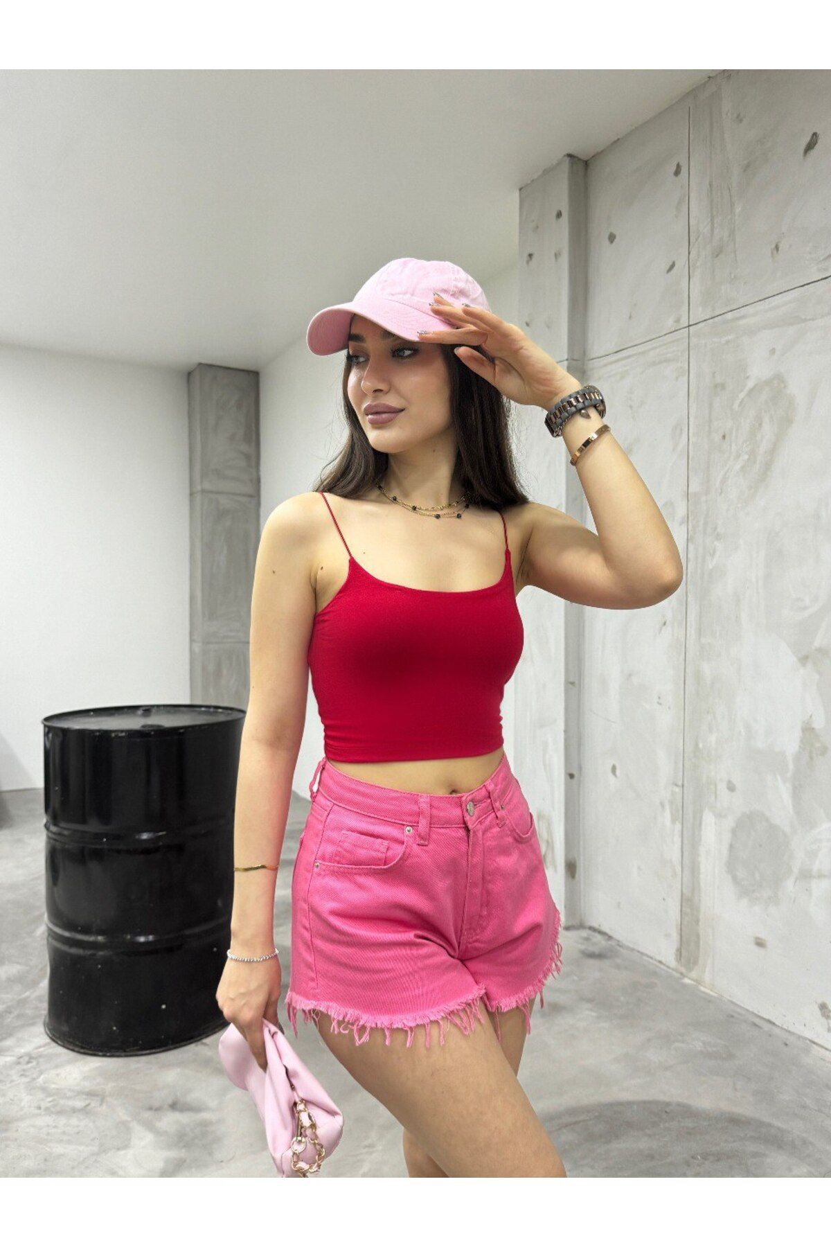 Kadın Lastik Ip Askılı Sandy Kumaş Crop Bluz Büstiyer Kırmızı 6