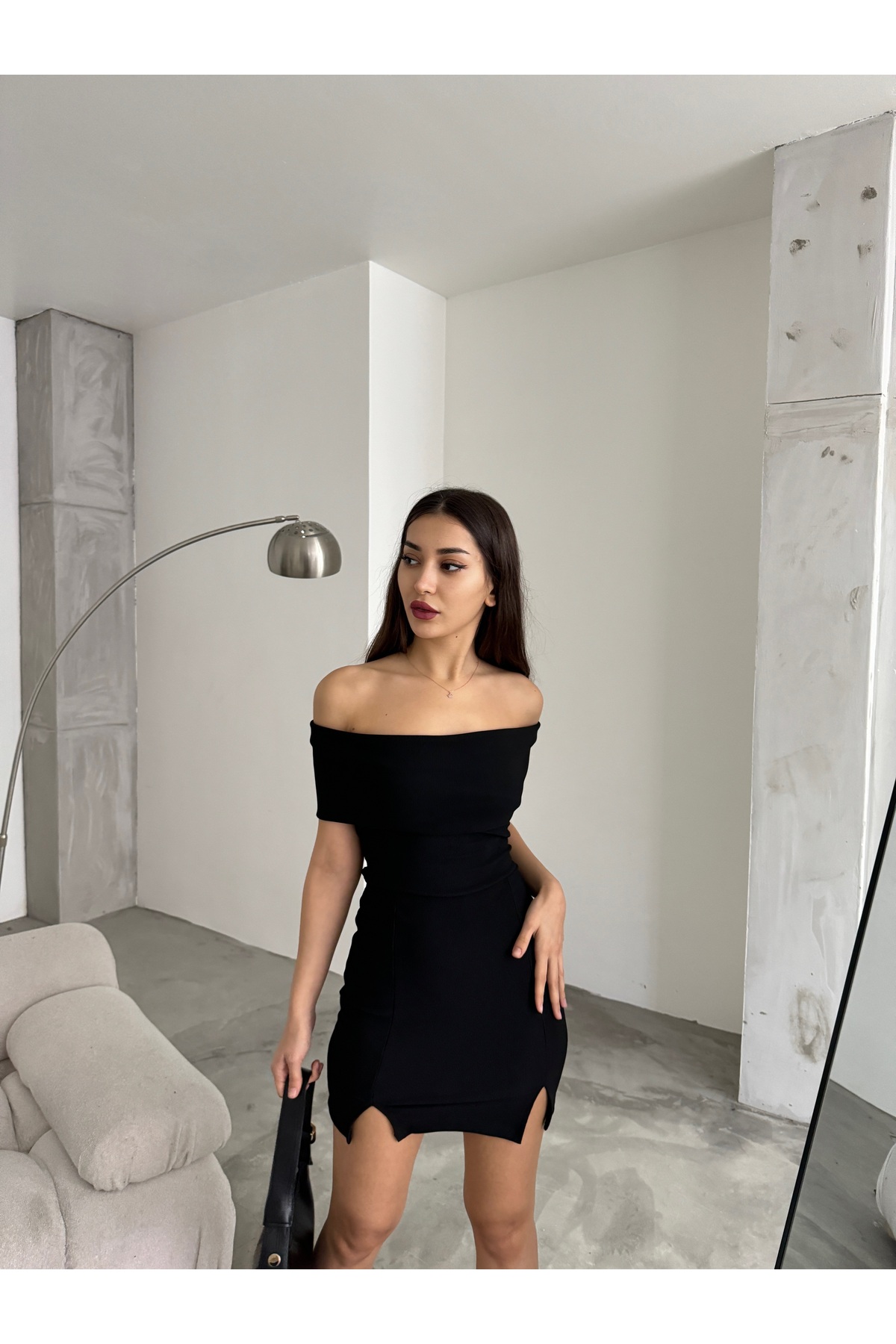 Kadın Siyah Madonna Yaka Elbise 4