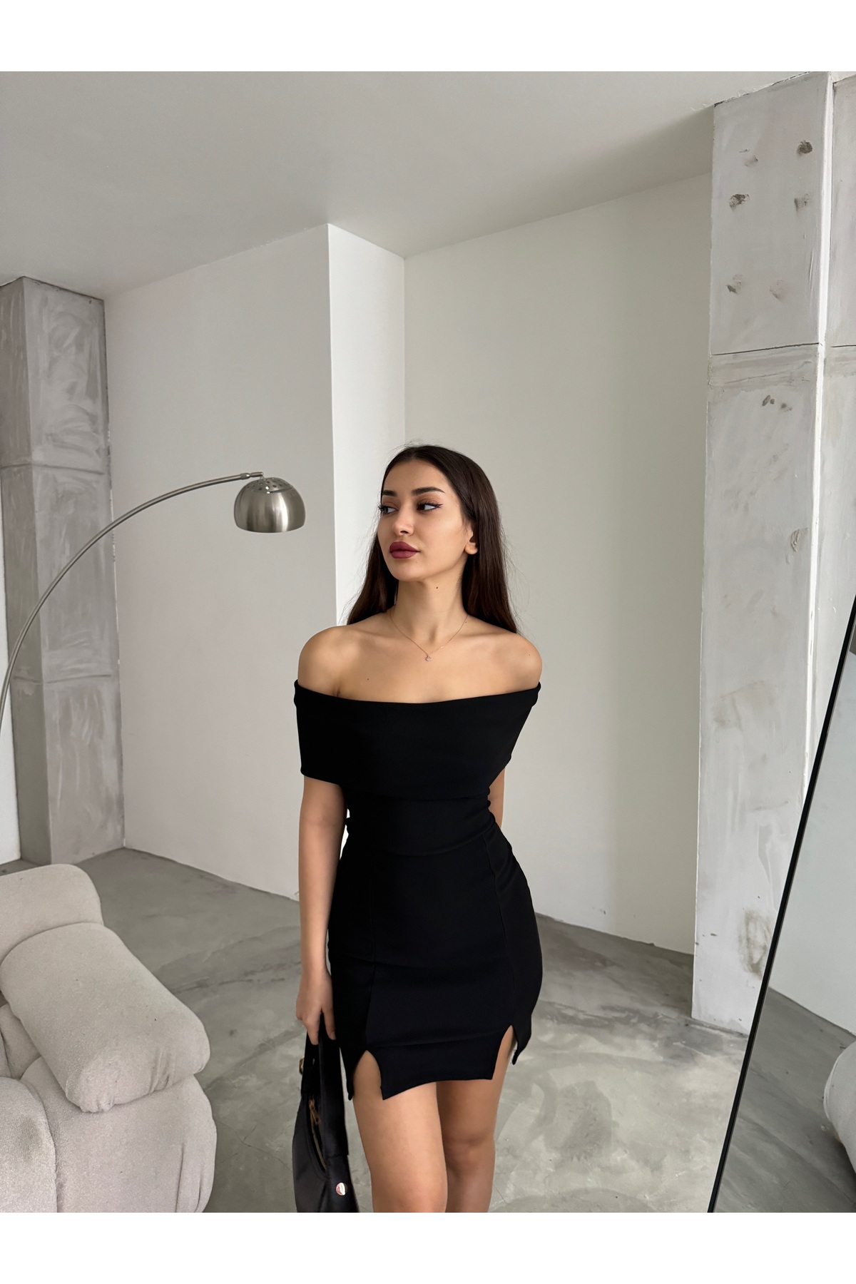 Kadın Siyah Madonna Yaka Elbise 8