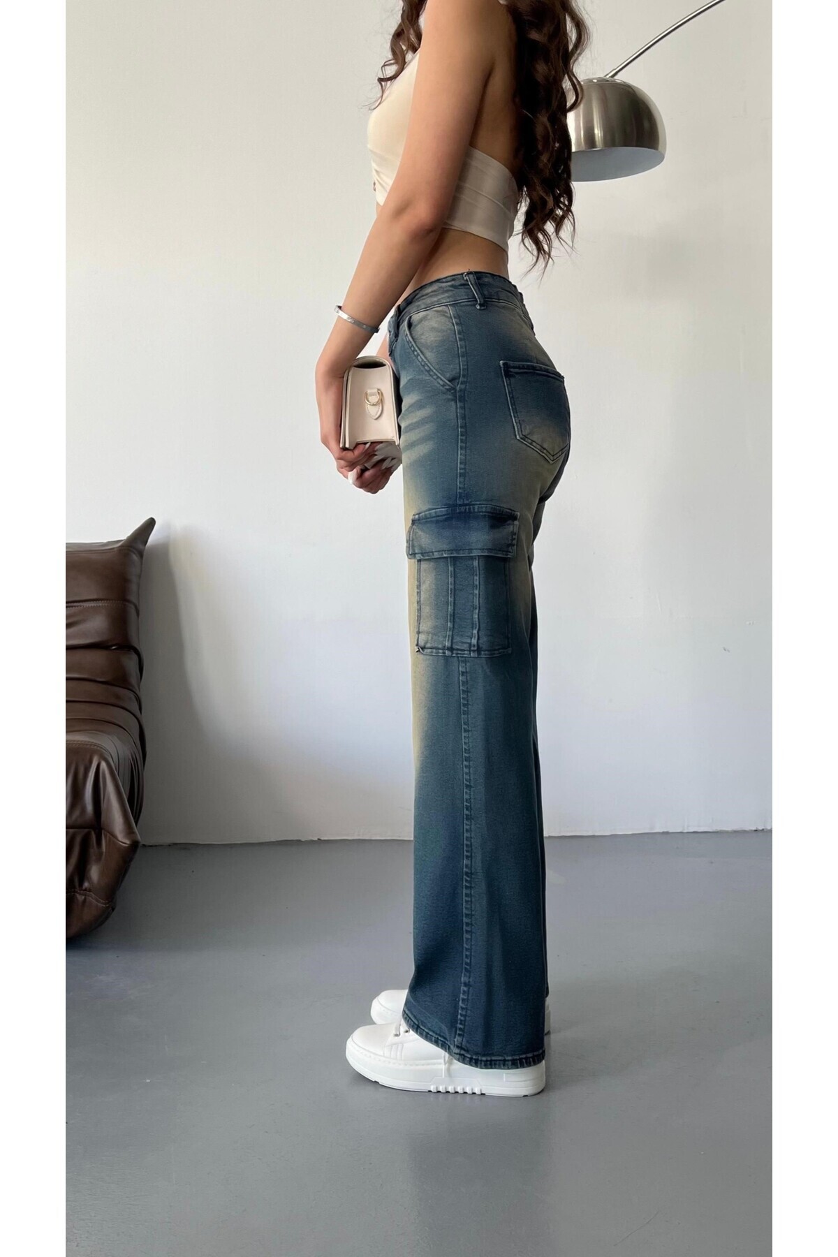 Kadın Soluk Efekt Vintage Yüksek Bel Wide Leg Kargo Pantolon Mavi 4
