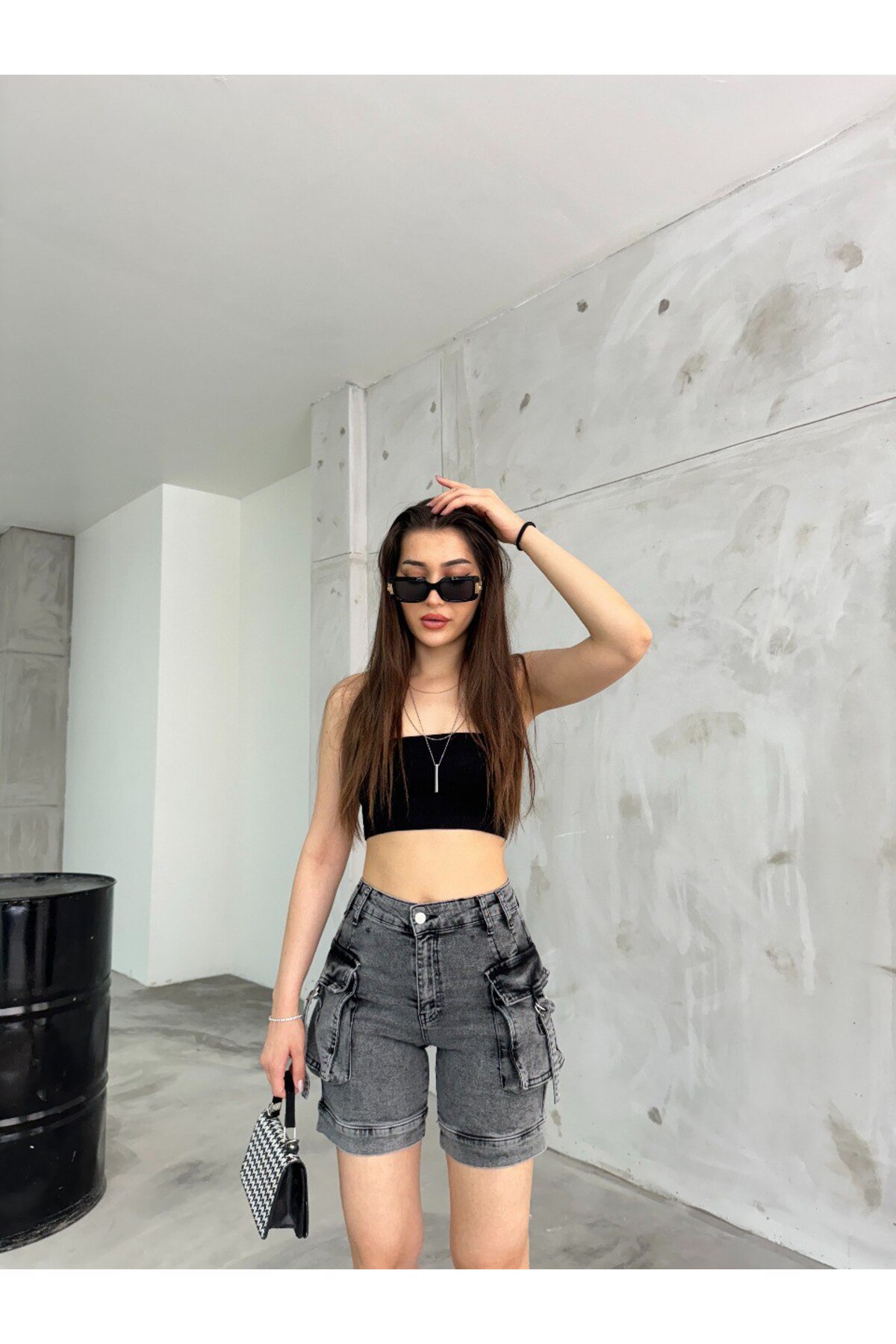 Kadın Gri Kargo Cepli Yüksek Bel Esnek Şort Jeans 8
