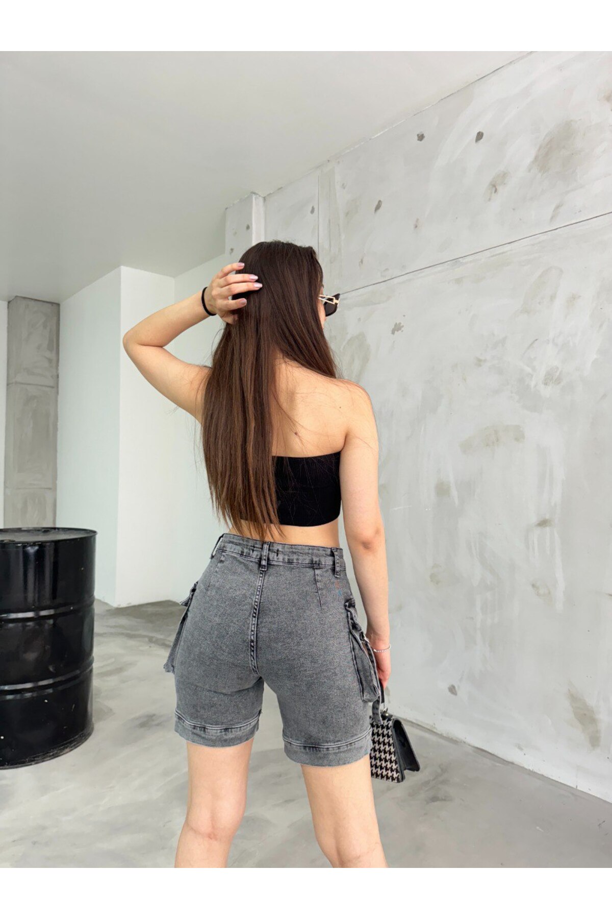 Kadın Gri Kargo Cepli Yüksek Bel Esnek Şort Jeans 3