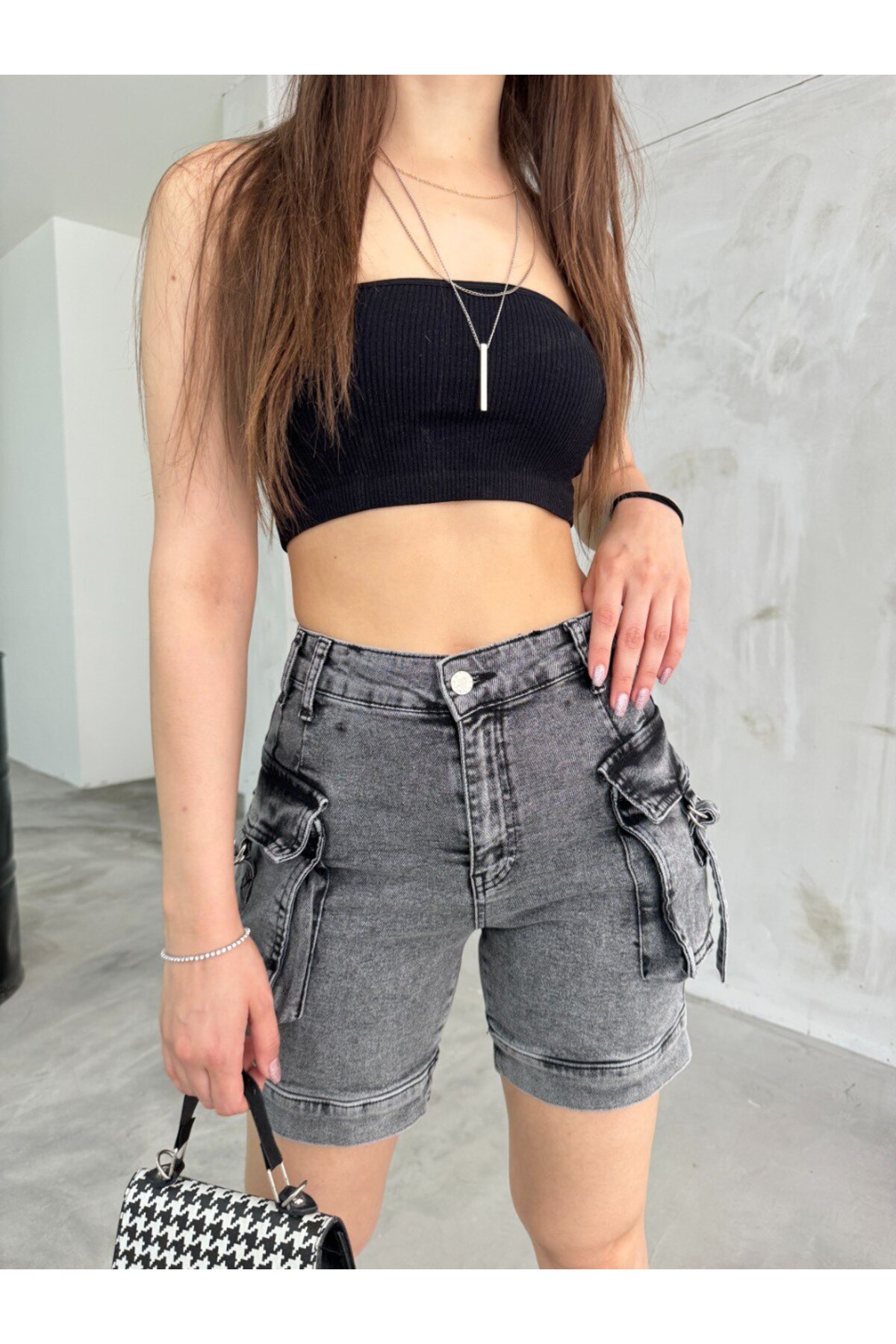 Kadın Gri Kargo Cepli Yüksek Bel Esnek Şort Jeans 5