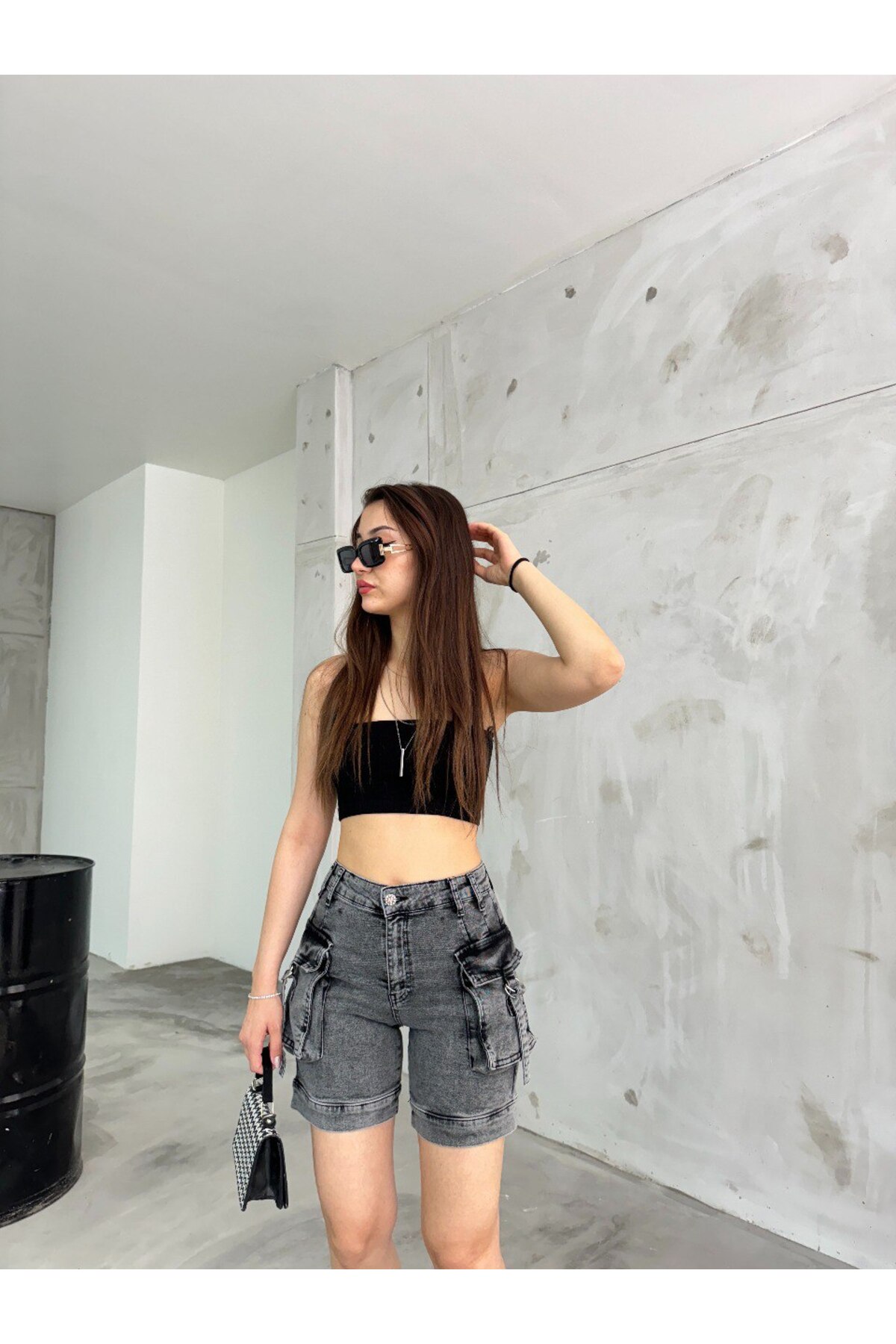 Kadın Gri Kargo Cepli Yüksek Bel Esnek Şort Jeans 7
