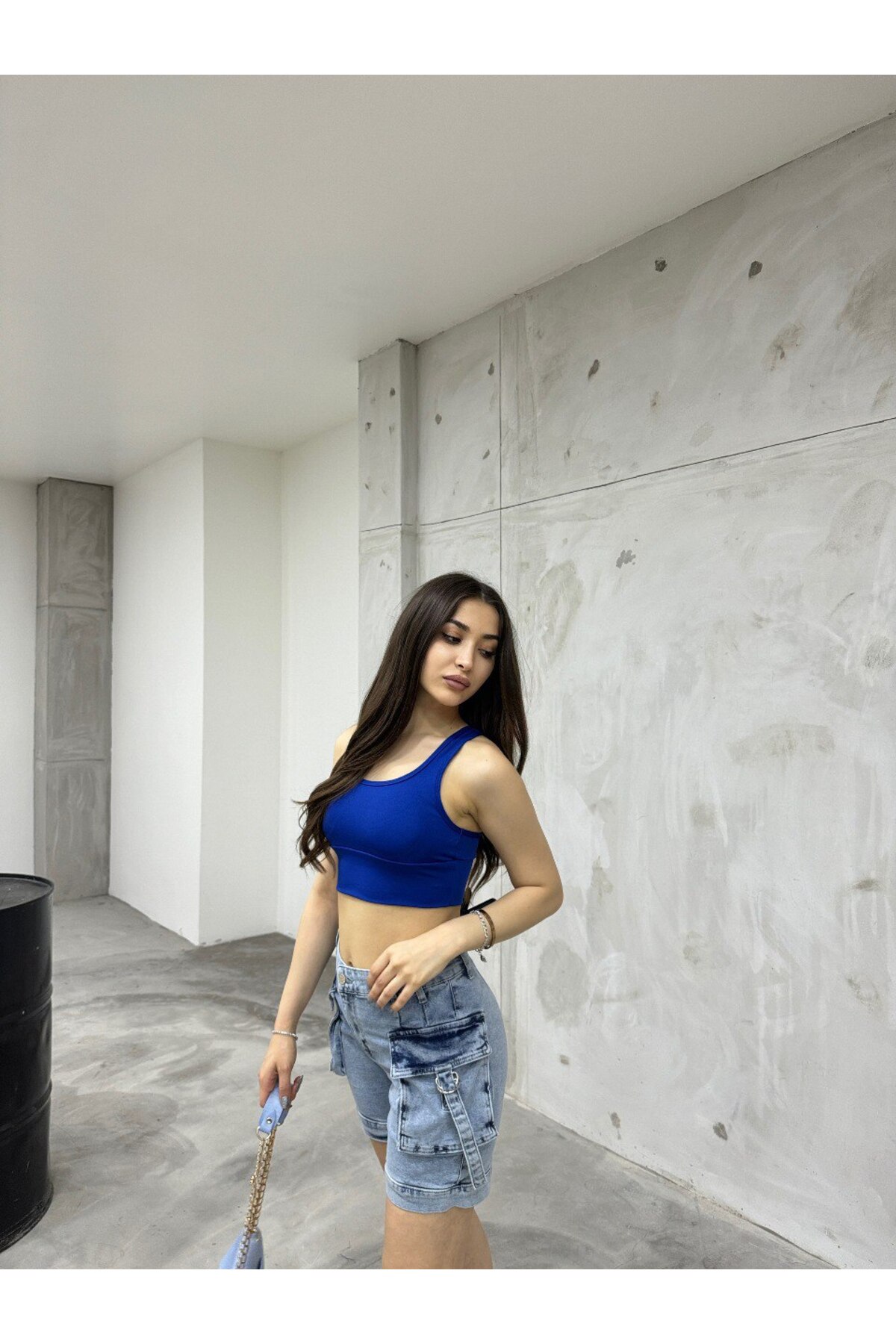 Kadın Metalik Kargo Cepli Yüksek Bel Esnek Şort Jeans 7
