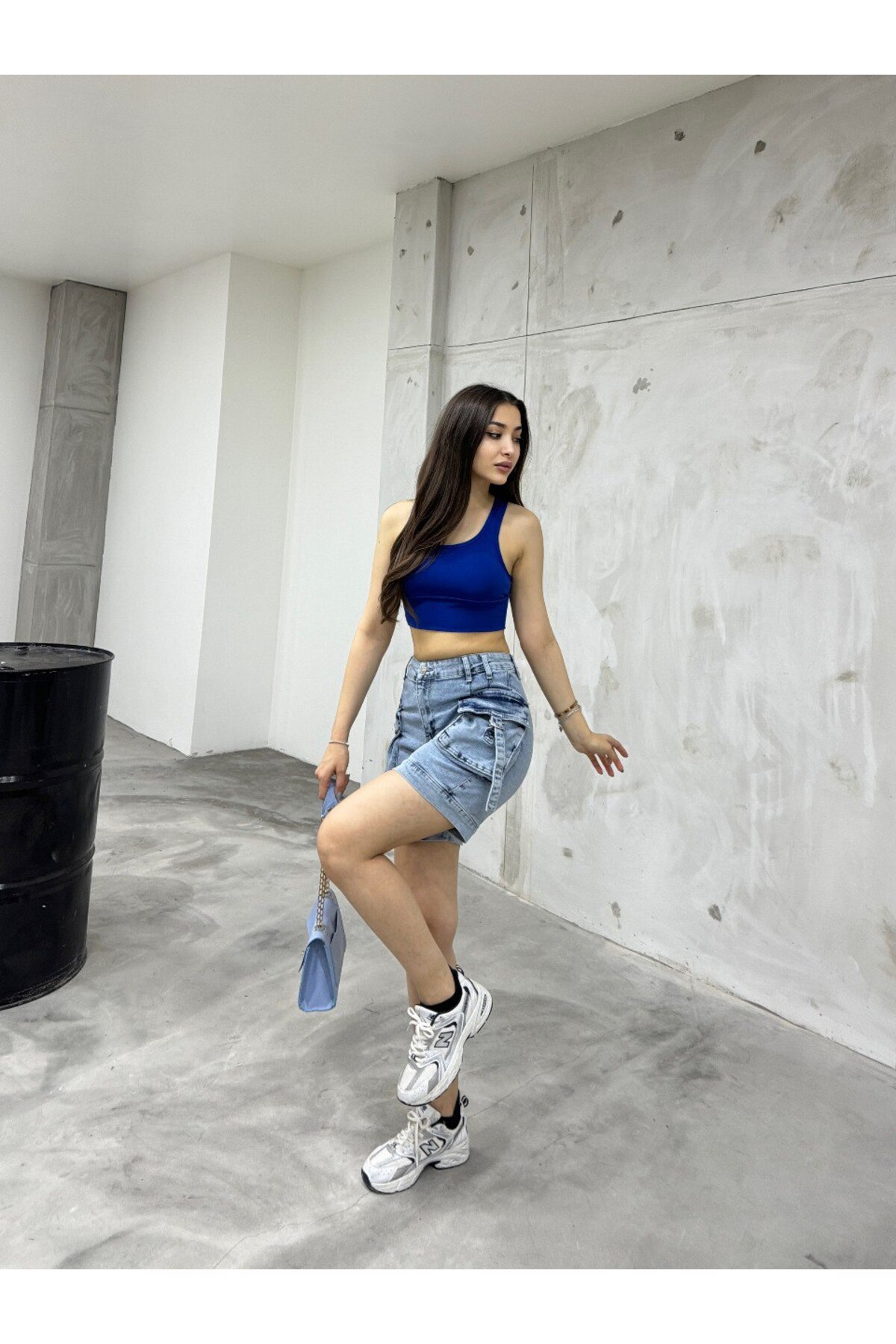 Kadın Metalik Kargo Cepli Yüksek Bel Esnek Şort Jeans 6