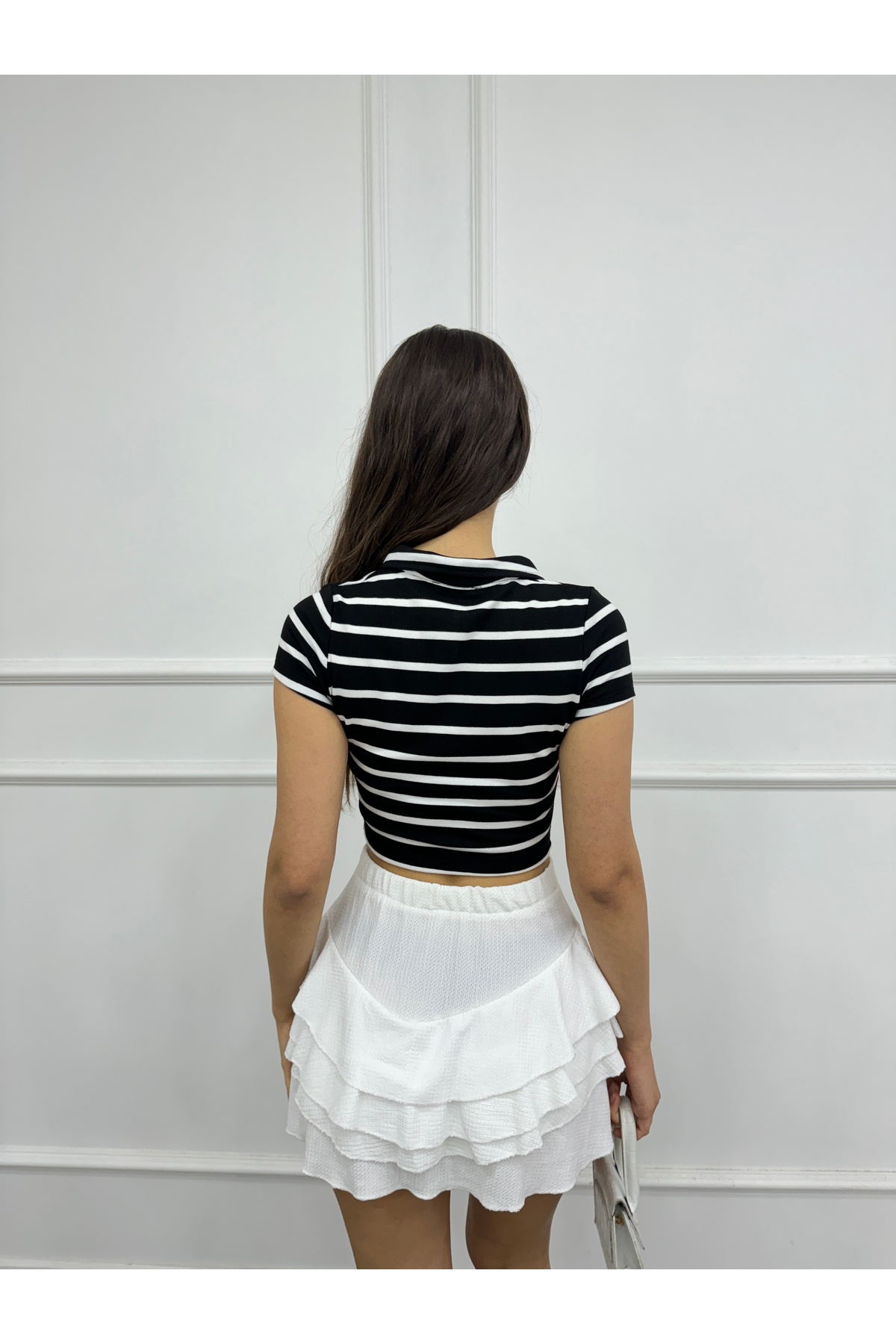 Kadın Çizgili Fermuar Detaylı Crop Bluz Siyah 3