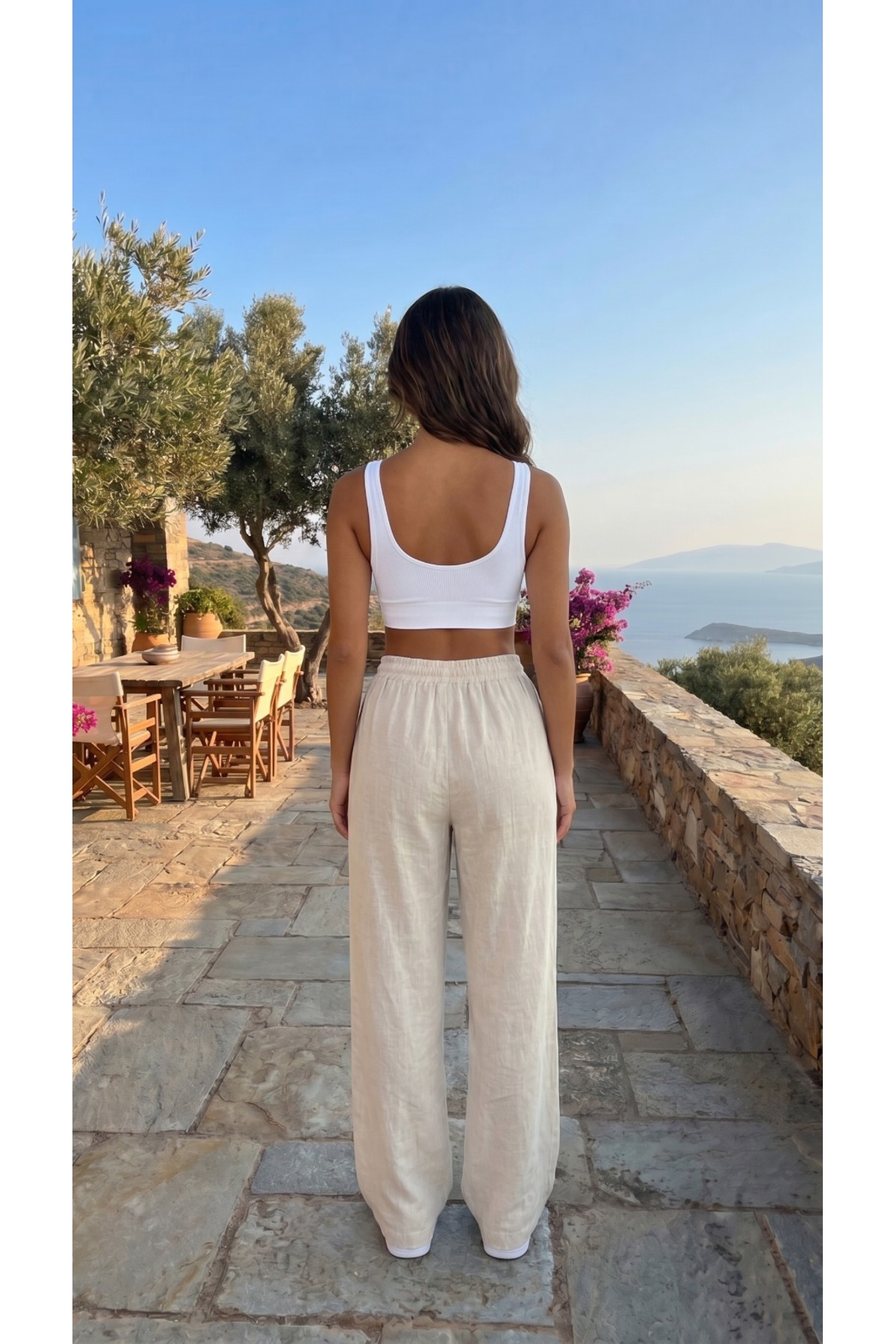 Kadın Keten Karışımlı Beli Lastikli Bol Kesim Pantolon Ekru 4
