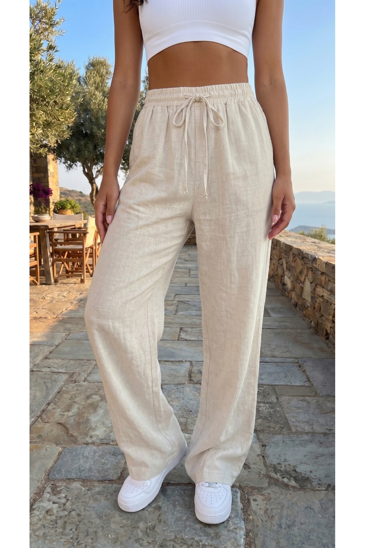 Kadın Keten Karışımlı Beli Lastikli Bol Kesim Pantolon Ekru 3