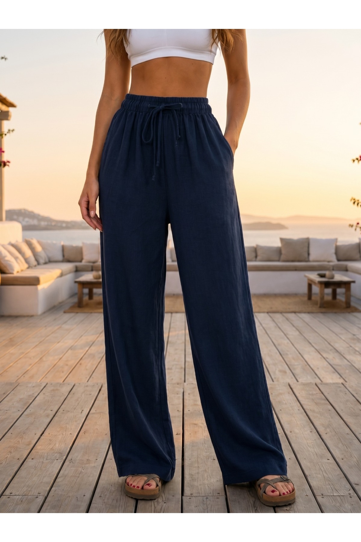 Beli Lastikli Rahat Kesim Yazlık Keten Pantolon Lacivert 3