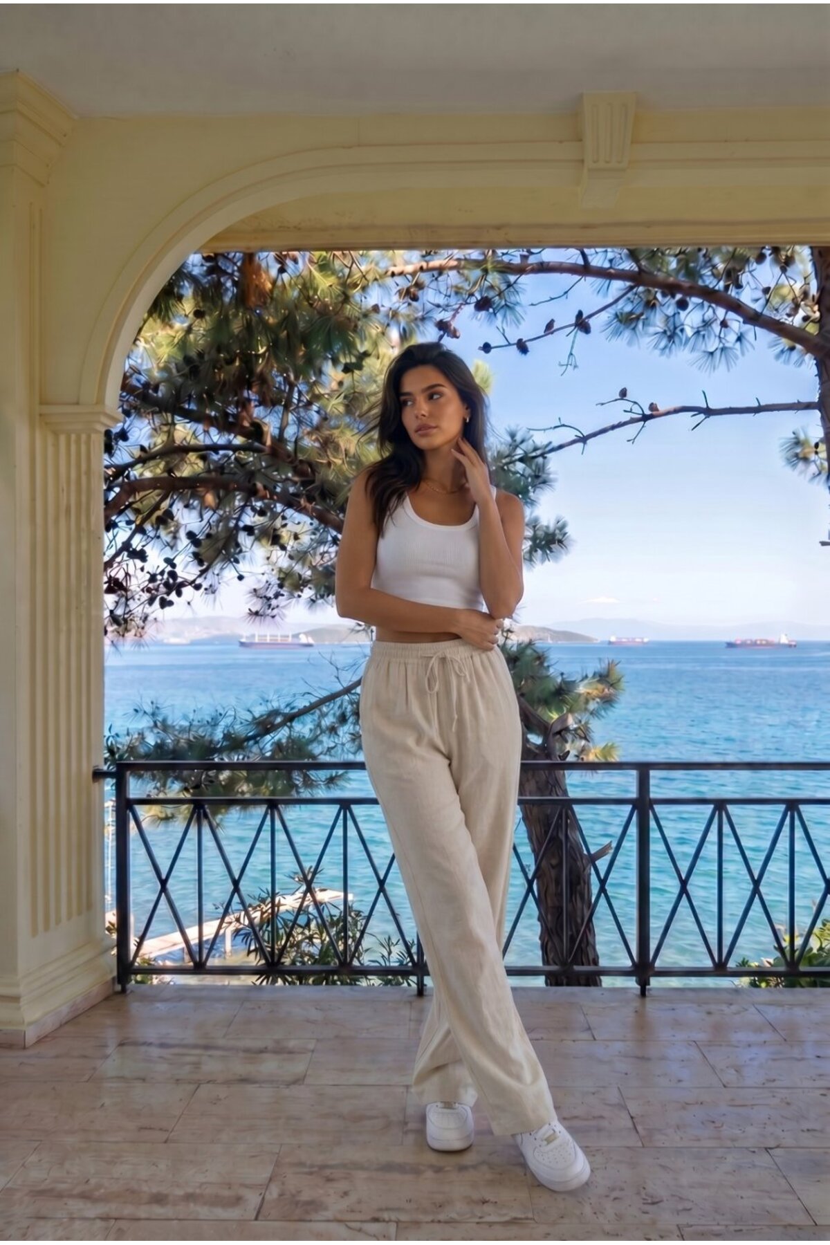 Ekru Keten Karışımlı Bol Kesim Beli Lastikli Pantolon 5