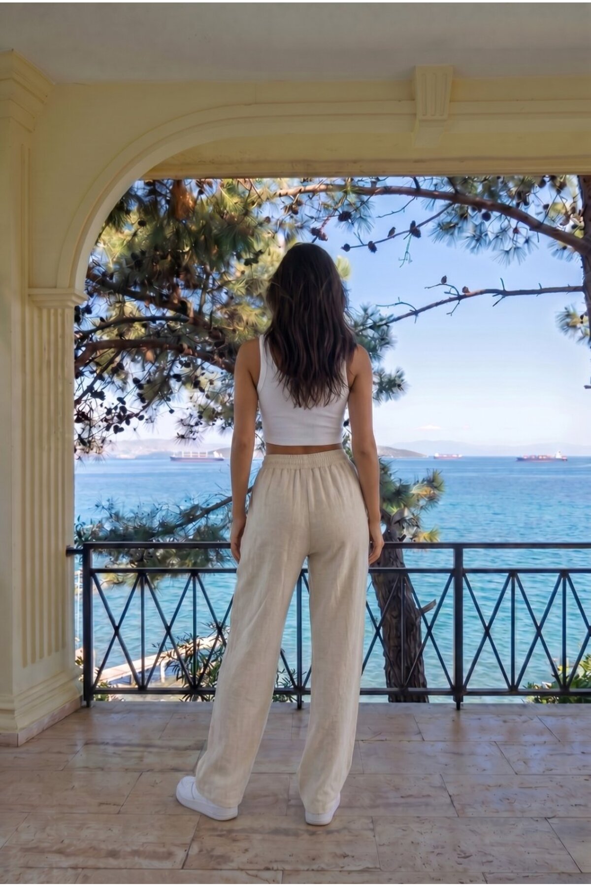 Ekru Keten Karışımlı Bol Kesim Beli Lastikli Pantolon 4