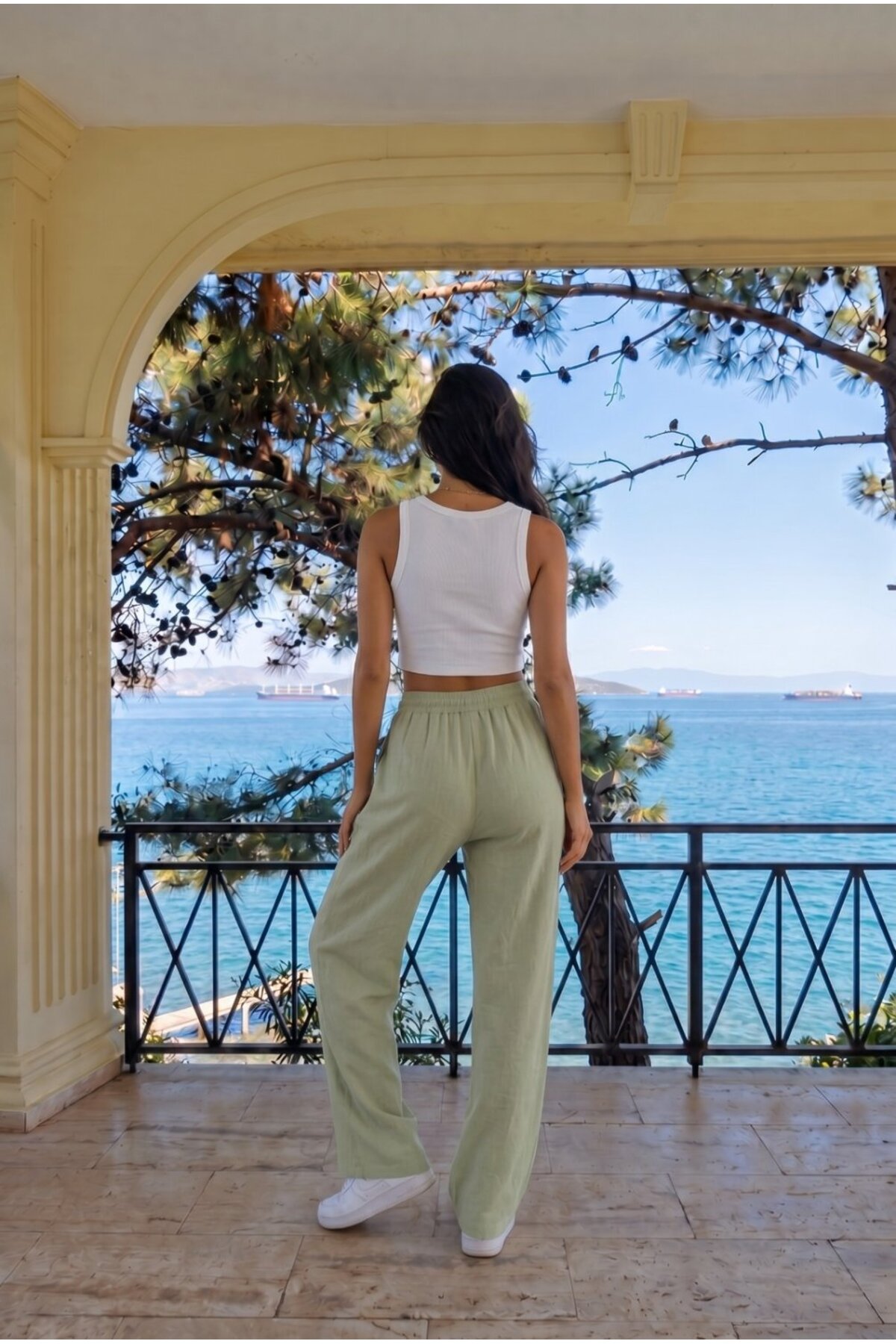 Haki Keten Karışımlı Bol Kesim Beli Lastikli Pantolon 4