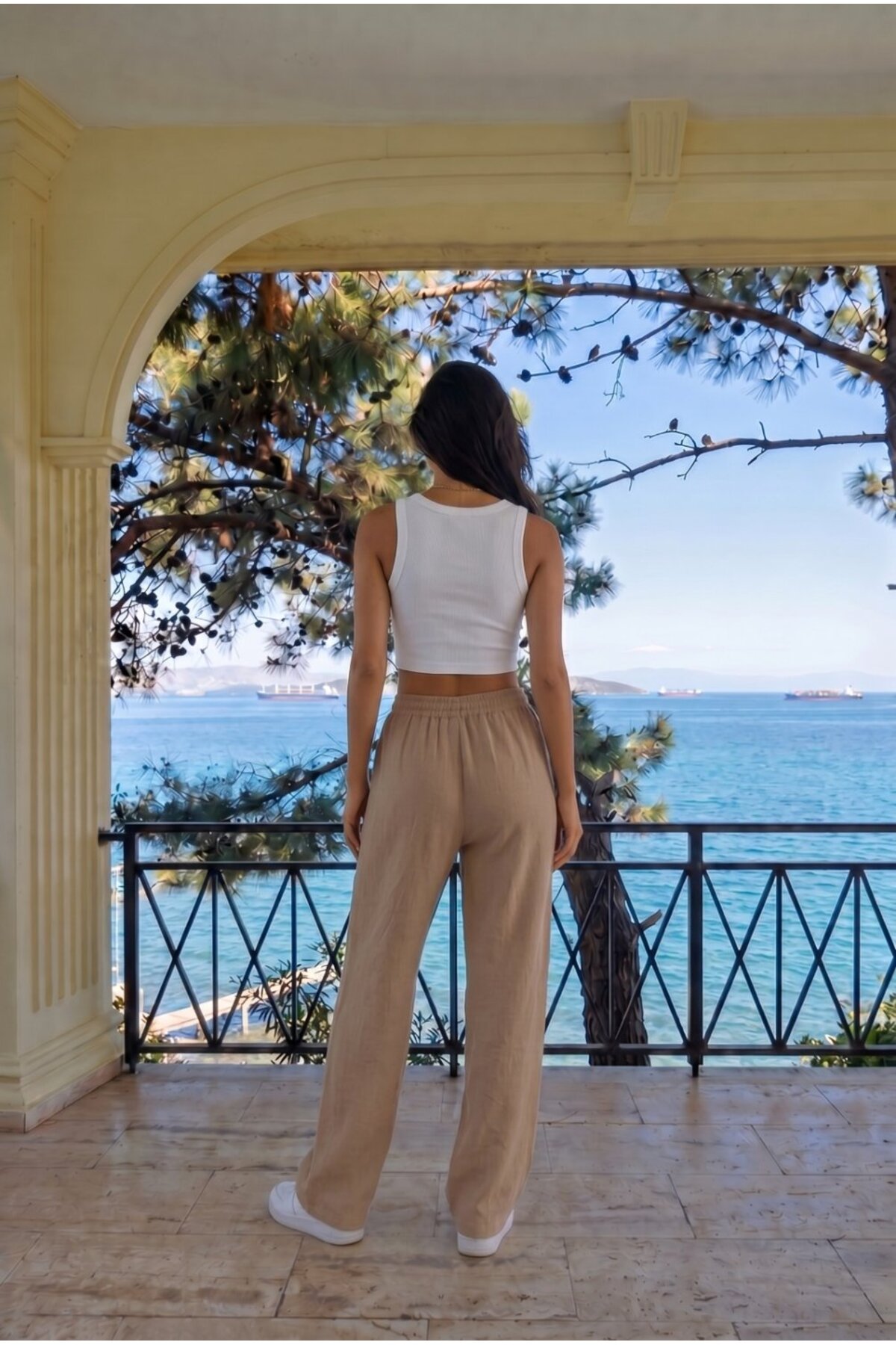 Kahverengi Keten Karışımlı Bol Kesim Beli Lastikli Pantolon 4