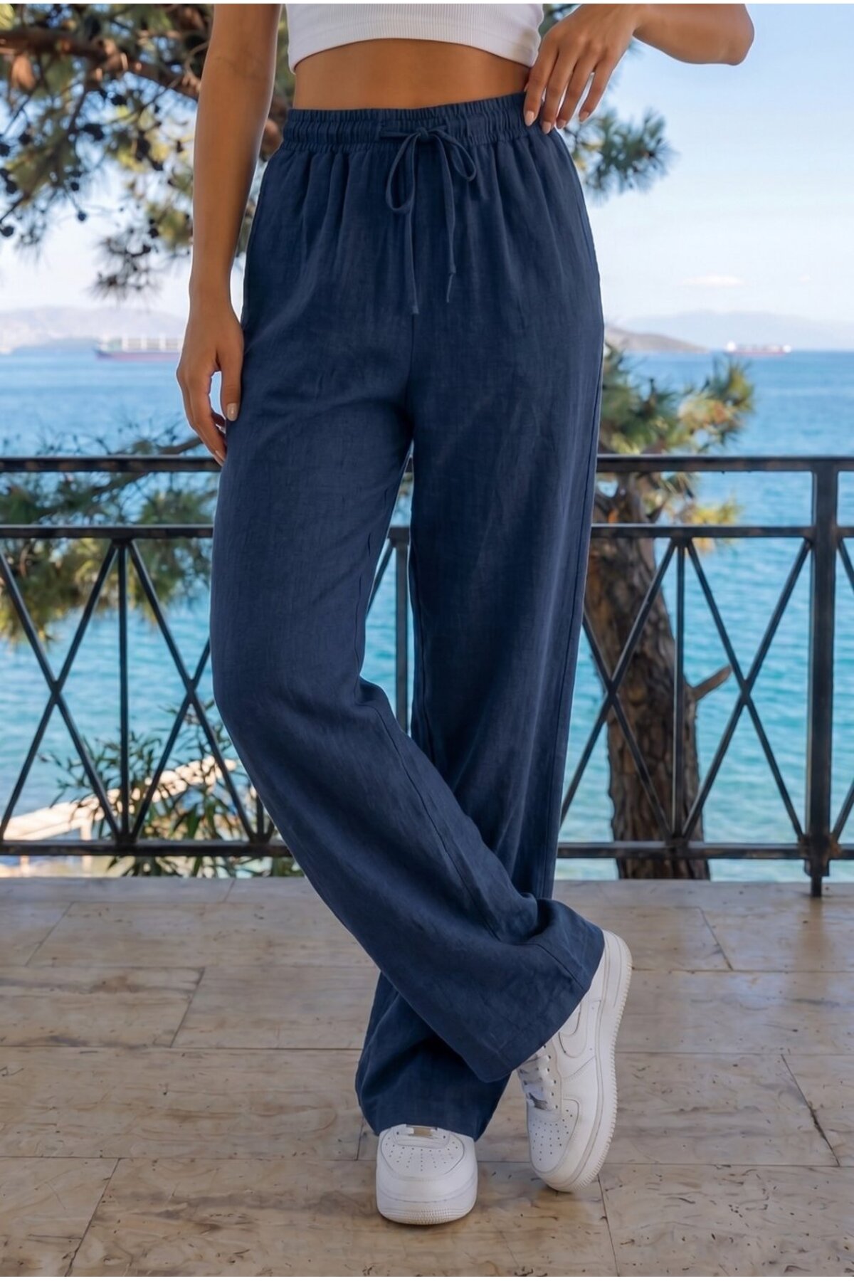 Lacivert Keten Karışımlı Bol Kesim Beli Lastikli Pantolon 3
