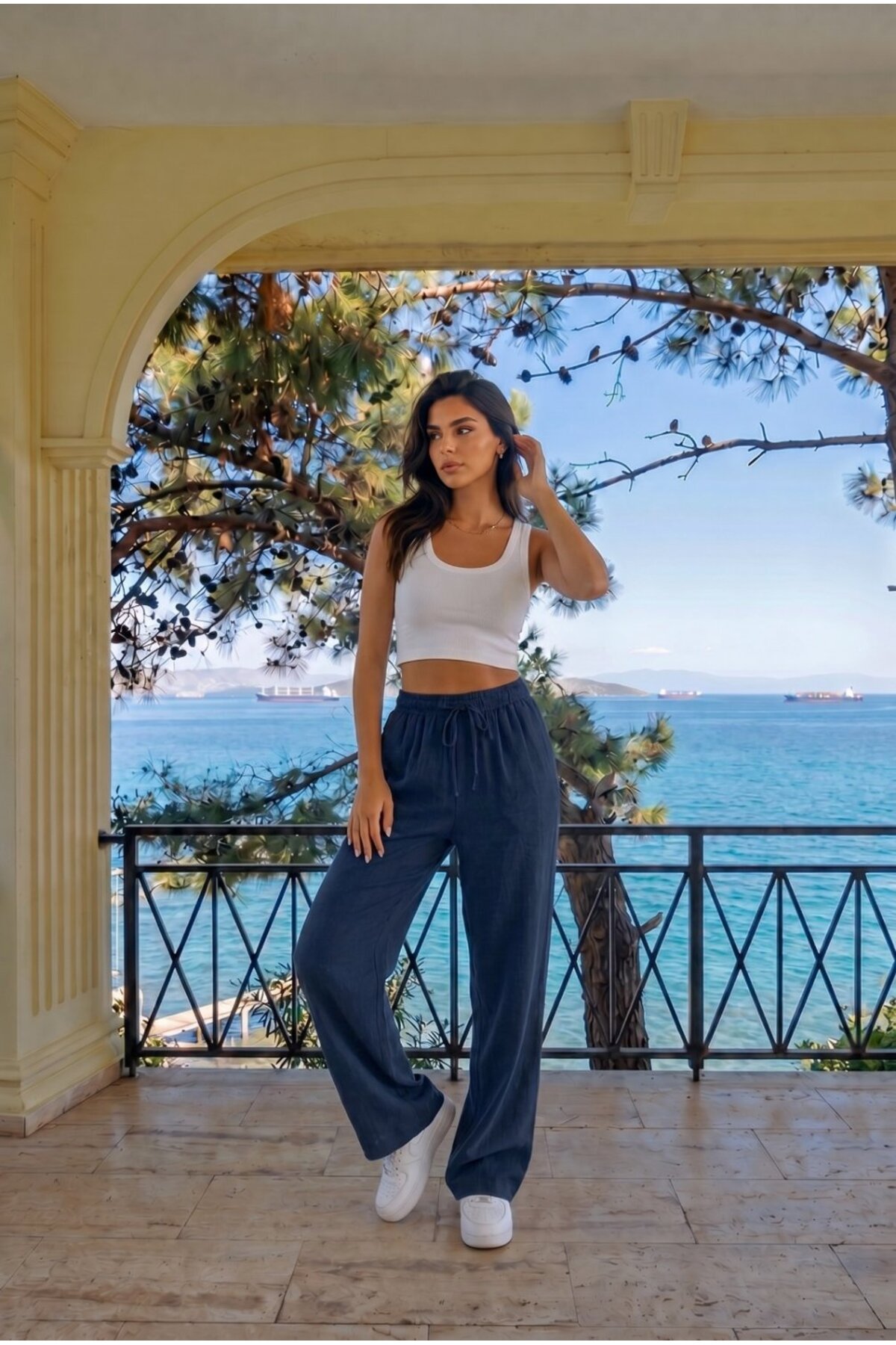 Lacivert Keten Karışımlı Bol Kesim Beli Lastikli Pantolon 5
