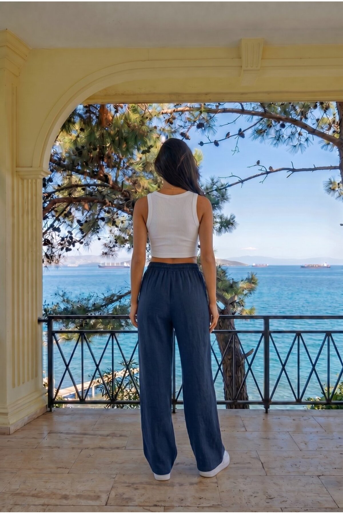 Lacivert Keten Karışımlı Bol Kesim Beli Lastikli Pantolon 4