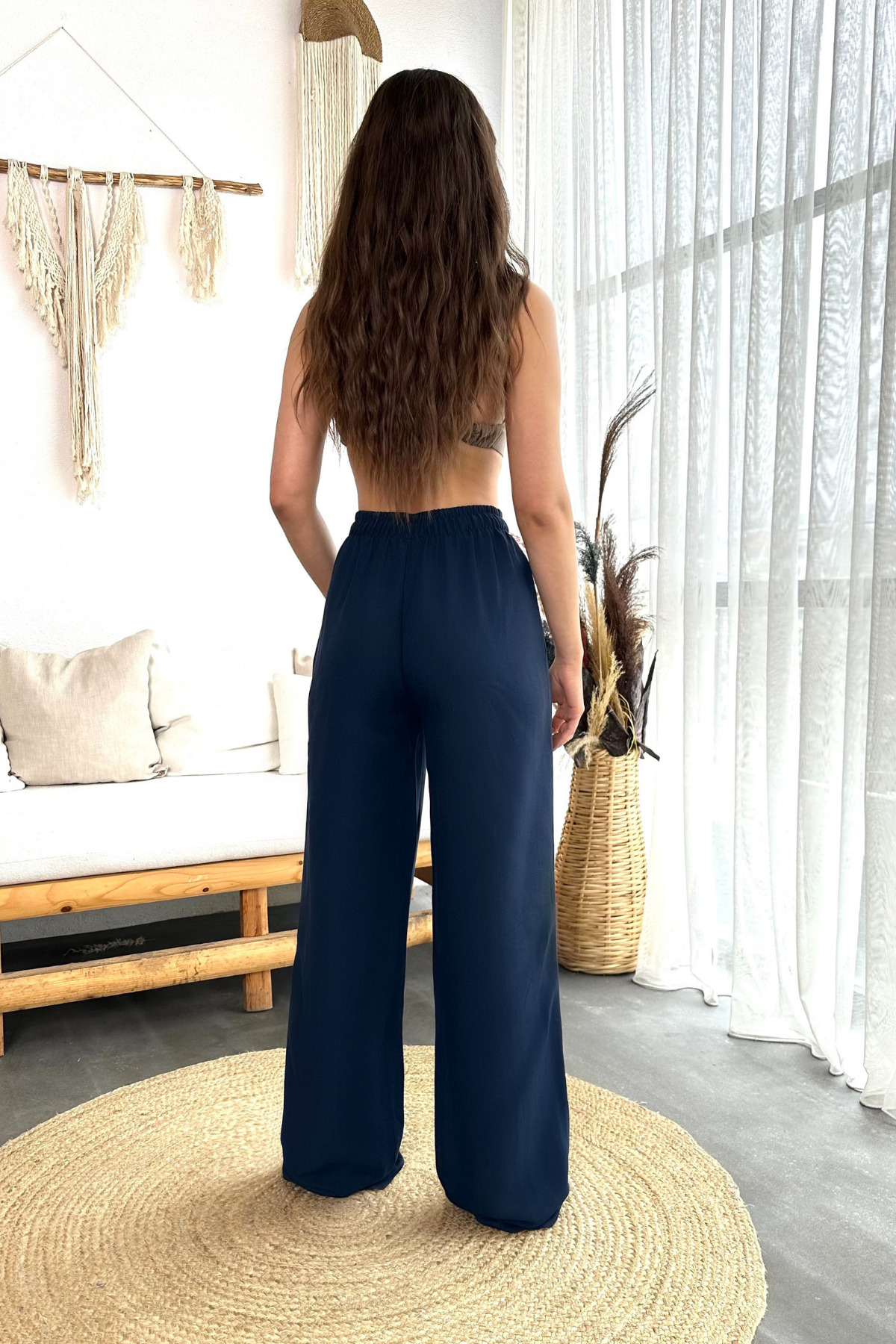 Kadın Keten Beli Lastik Bağlamalı Yüksek Bel Geniş Kesim Cepli Yazlık Pantolon Lacivert 5