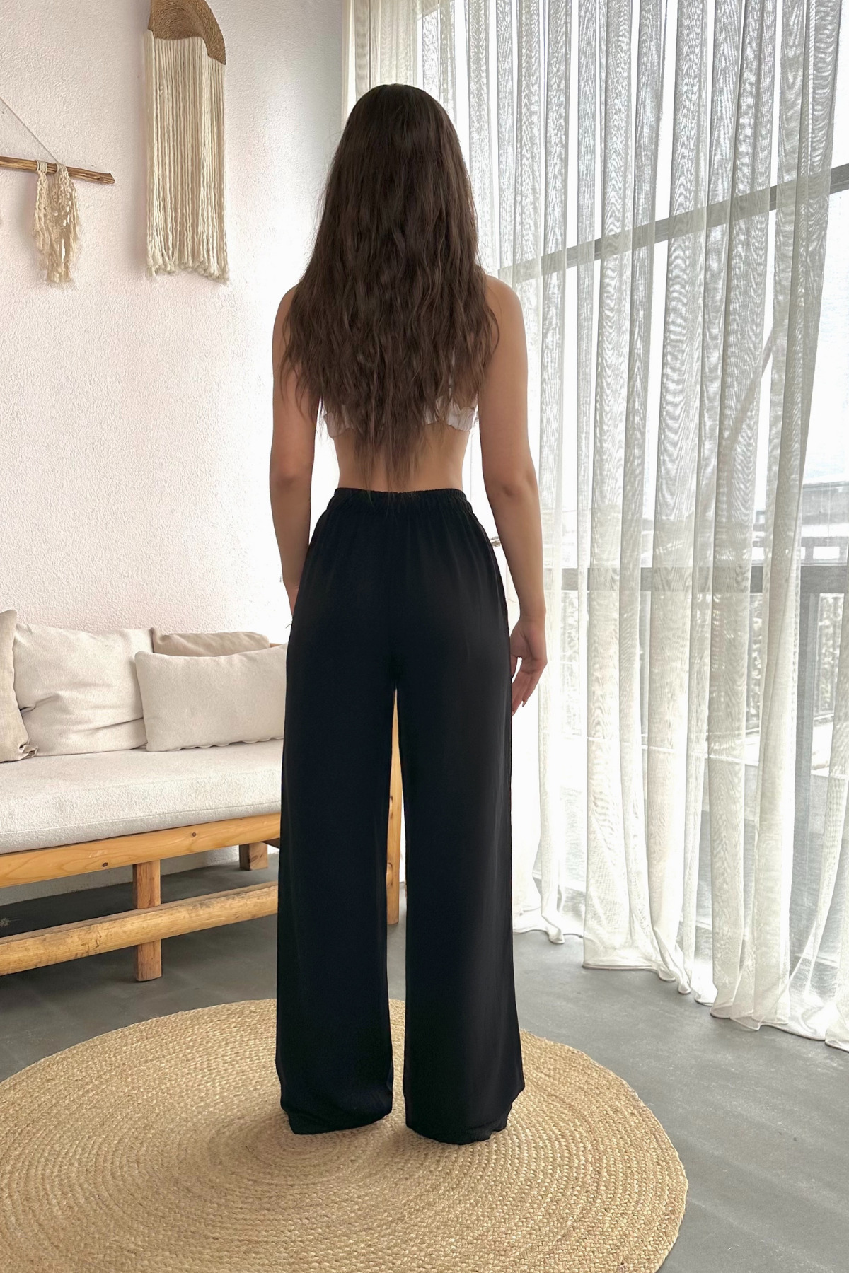 Kadın Keten Beli Lastik Bağlamalı Yüksek Bel Geniş Kesim Cepli Yazlık Pantolon Siyah 4