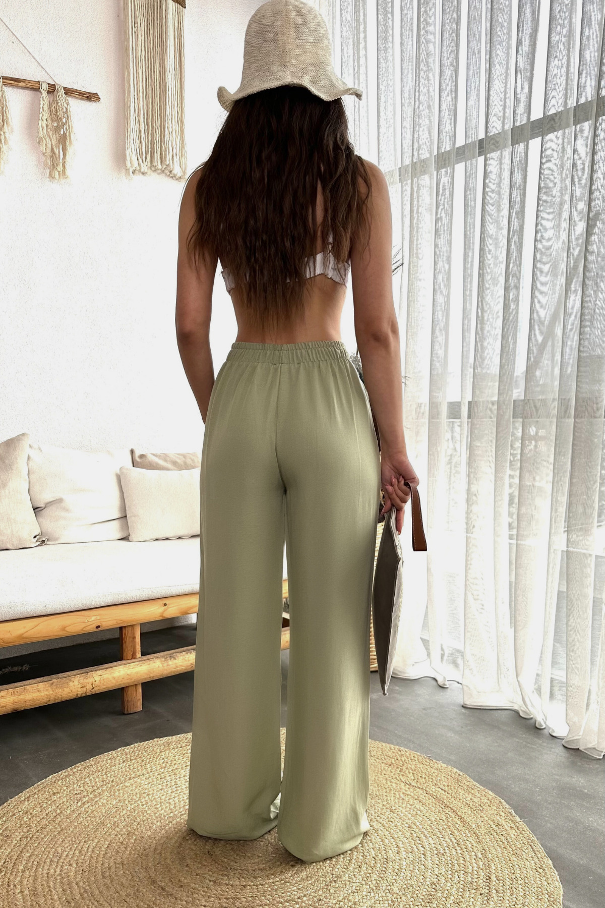 Kadın Keten Beli Lastik Bağlamalı Yüksek Bel Geniş Kesim Cepli Yazlık Pantolon Yeşil 5