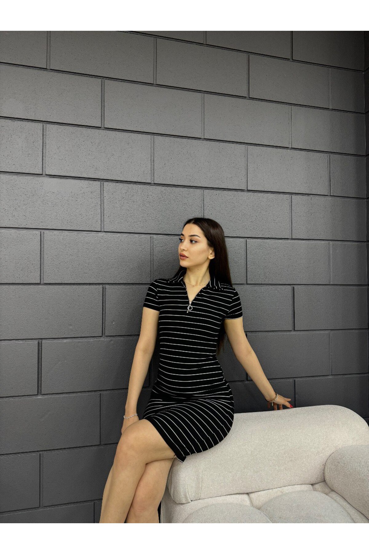 Kadın Polo Yaka Fermuar Detaylı Kaşkorse Çizgili Fitted/vücuda Oturan Elbise Siyah 8