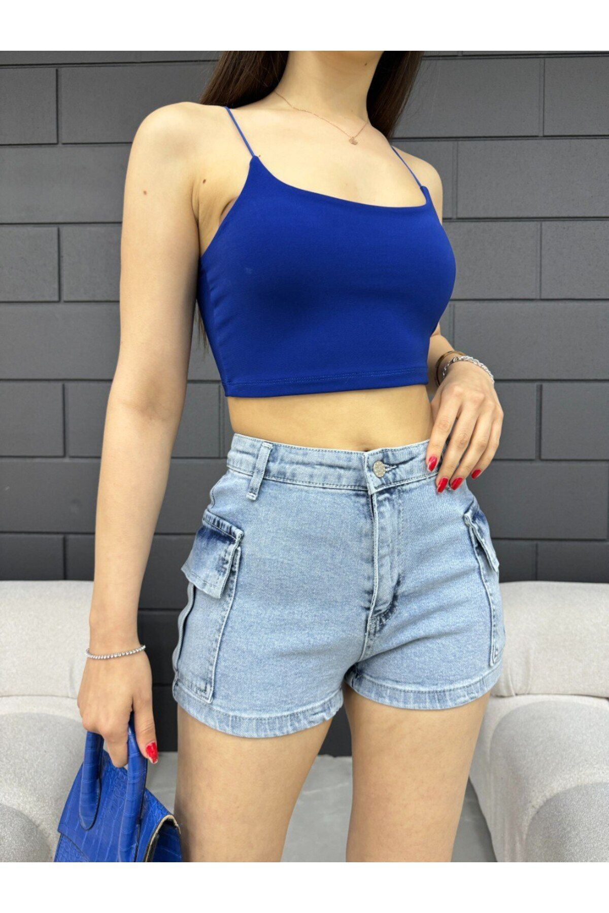 Kadın Yüksek Bel Mini Kargo Cep Detaylı Denim Şort Metalik 5