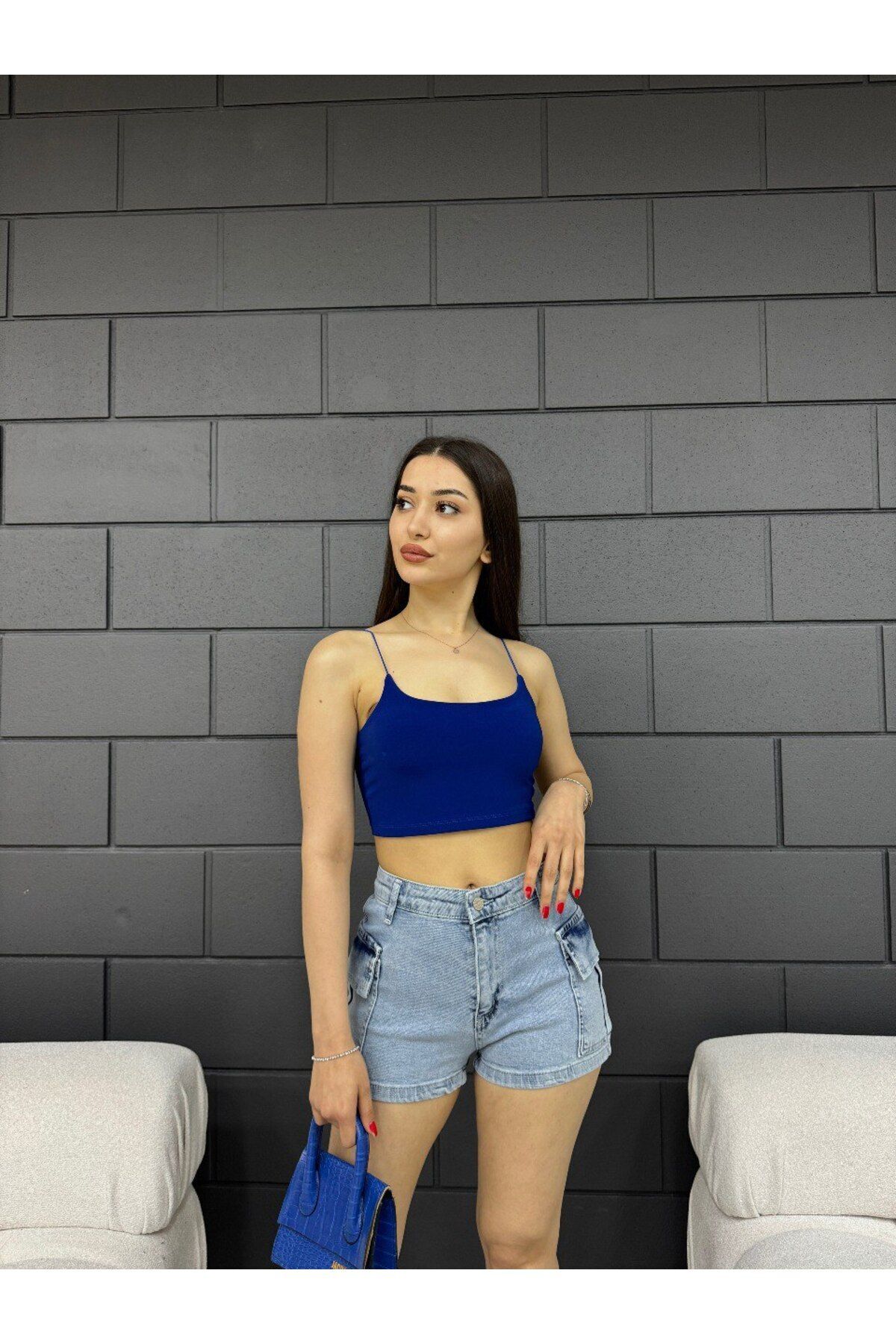 Kadın Yüksek Bel Mini Kargo Cep Detaylı Denim Şort Metalik 7