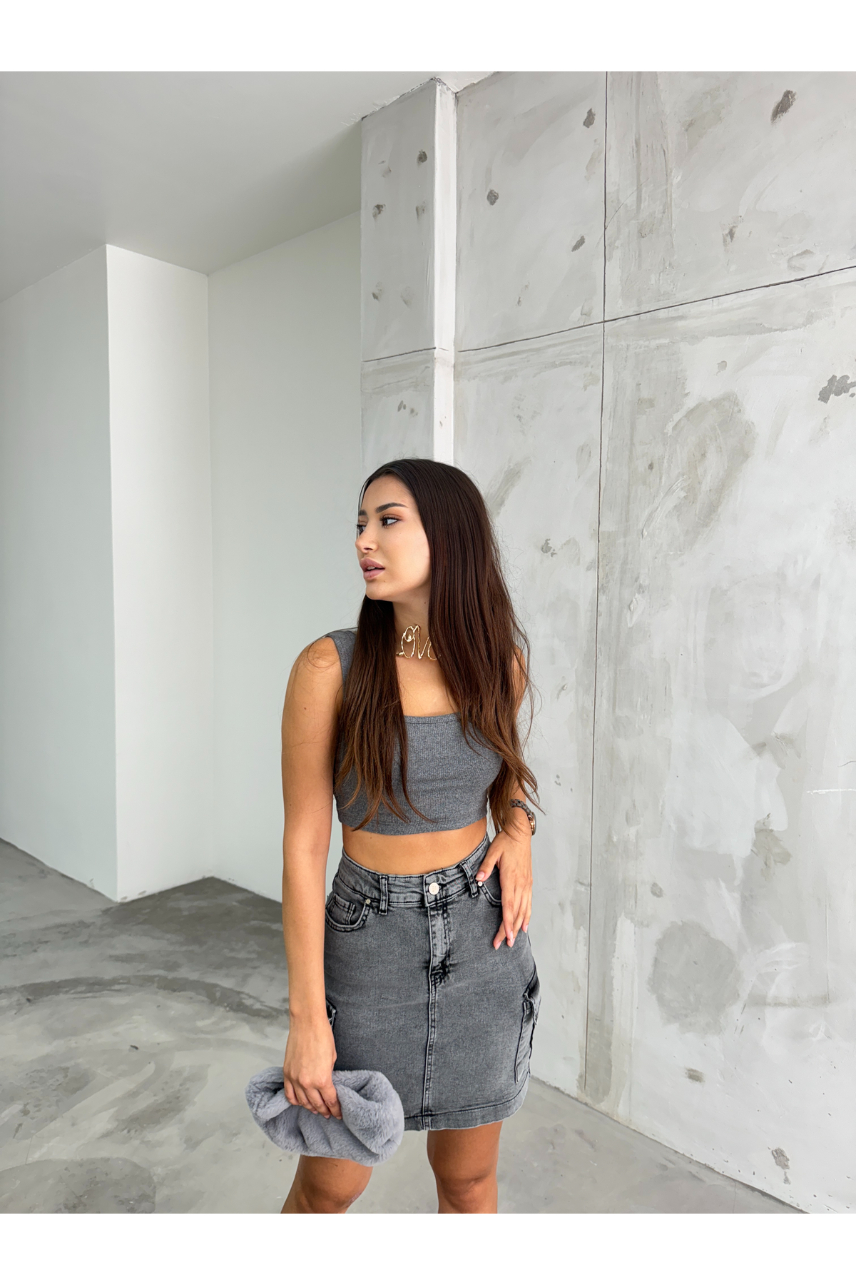 Kadın Kargo Cep Detaylı Yüksek Bel Mini Denim Etek Gri 7
