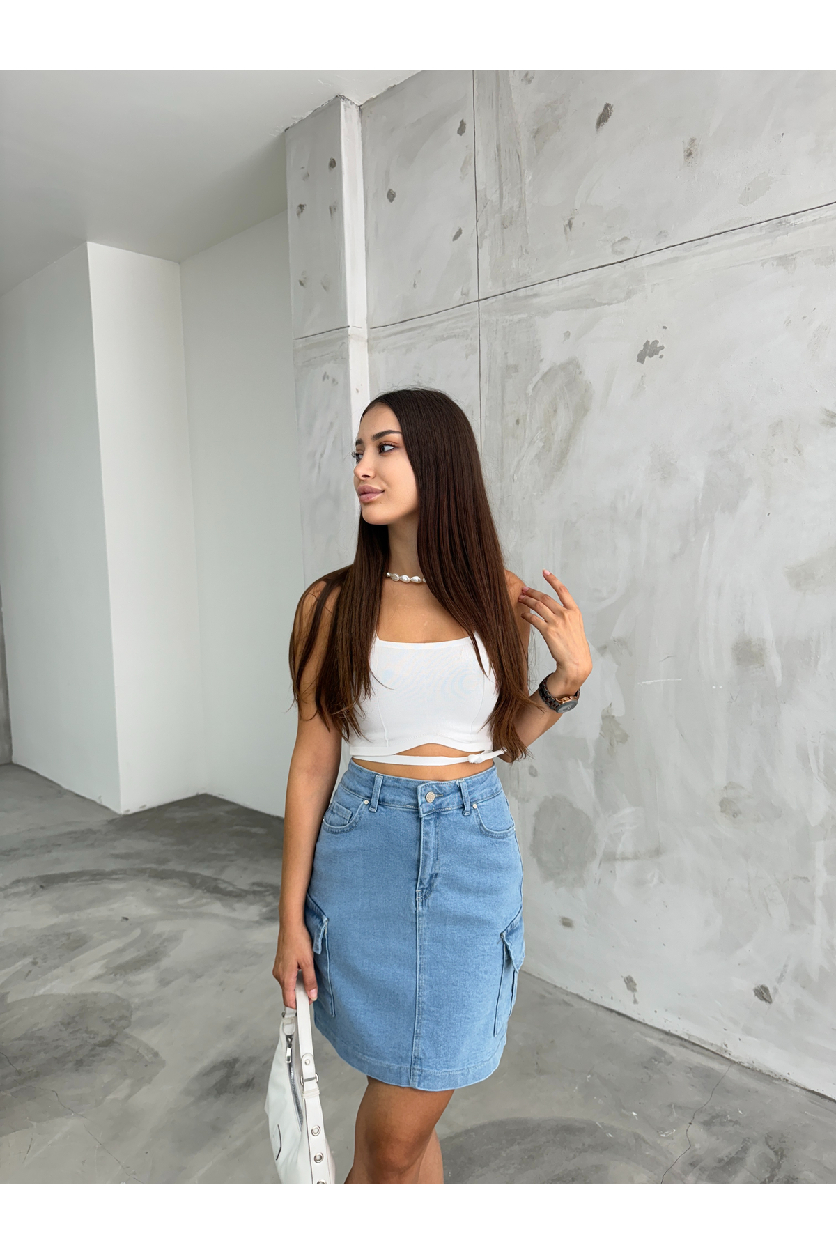 Kadın Kargo Cep Detaylı Yüksek Bel Mini Denim Etek mavi 6